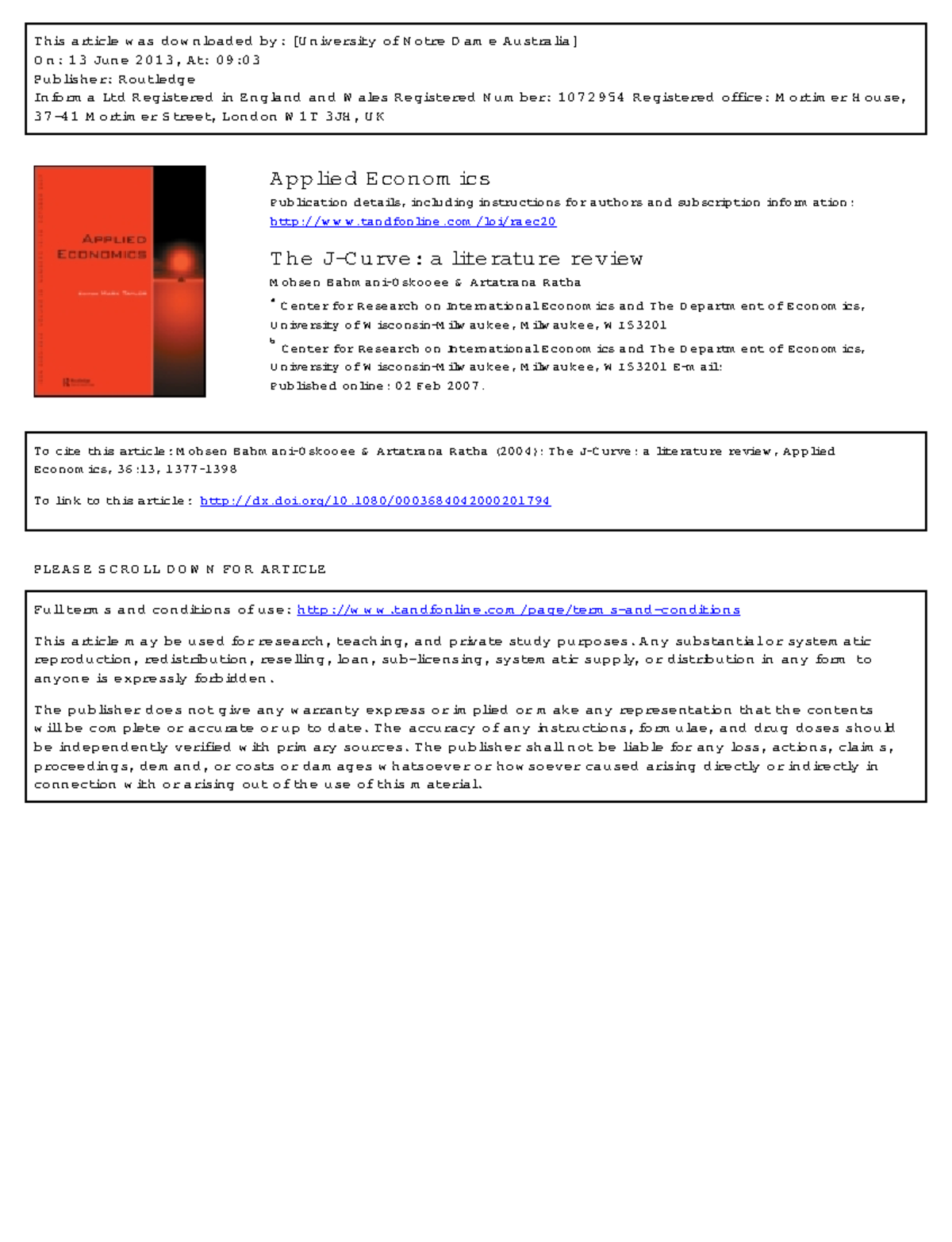 The J-curve A literature review 388 2004 Applied Economics Artatrana ...