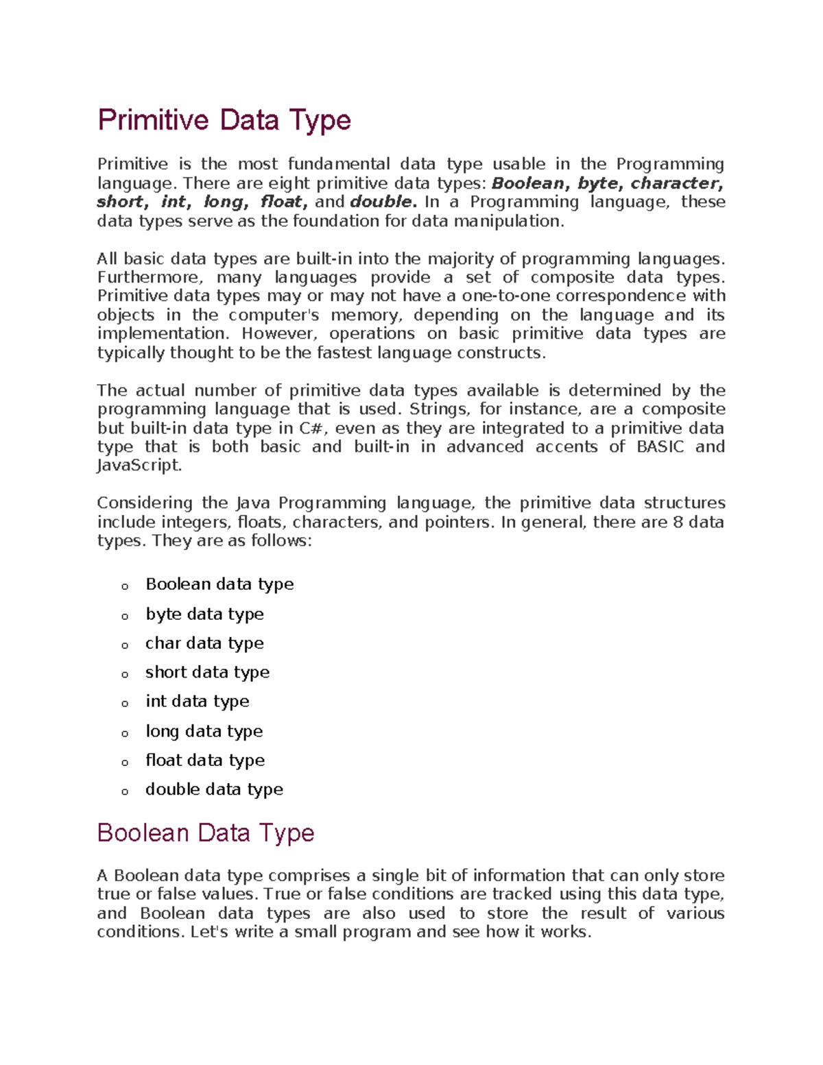 PPL Notes Unit 2 - Primitive Data Type Primitive is the most ...