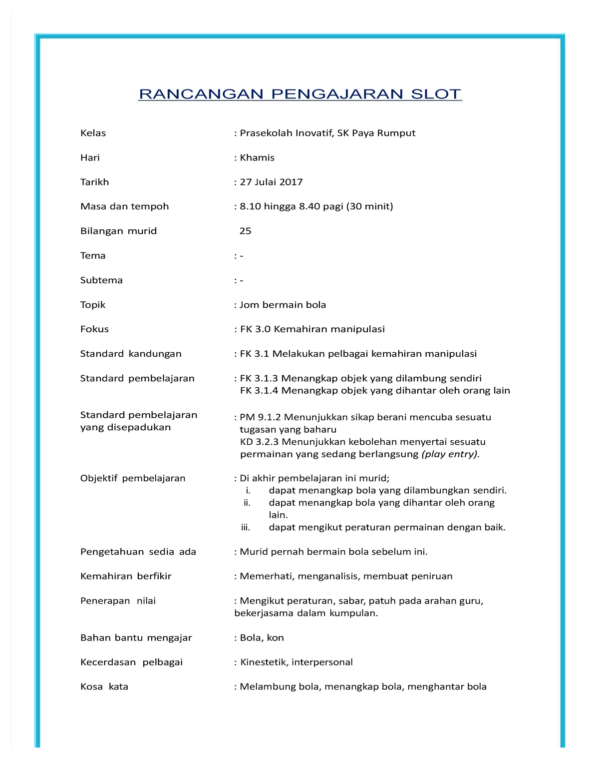 Pdf Rancangan Pengajaran Harian Prasekolah - RANCANGAN PENGAJARAN SLOT ...