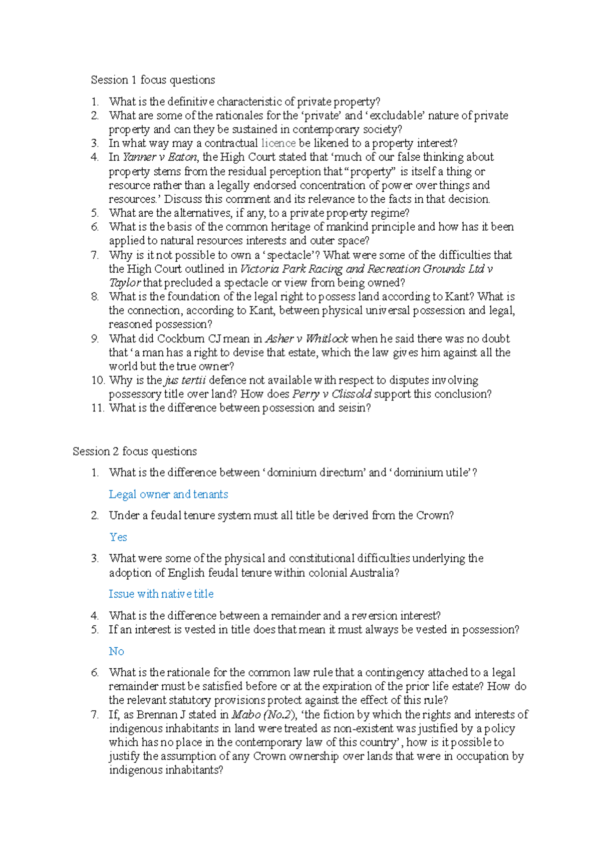 Real Property Law sessions 16 with some questions and answers