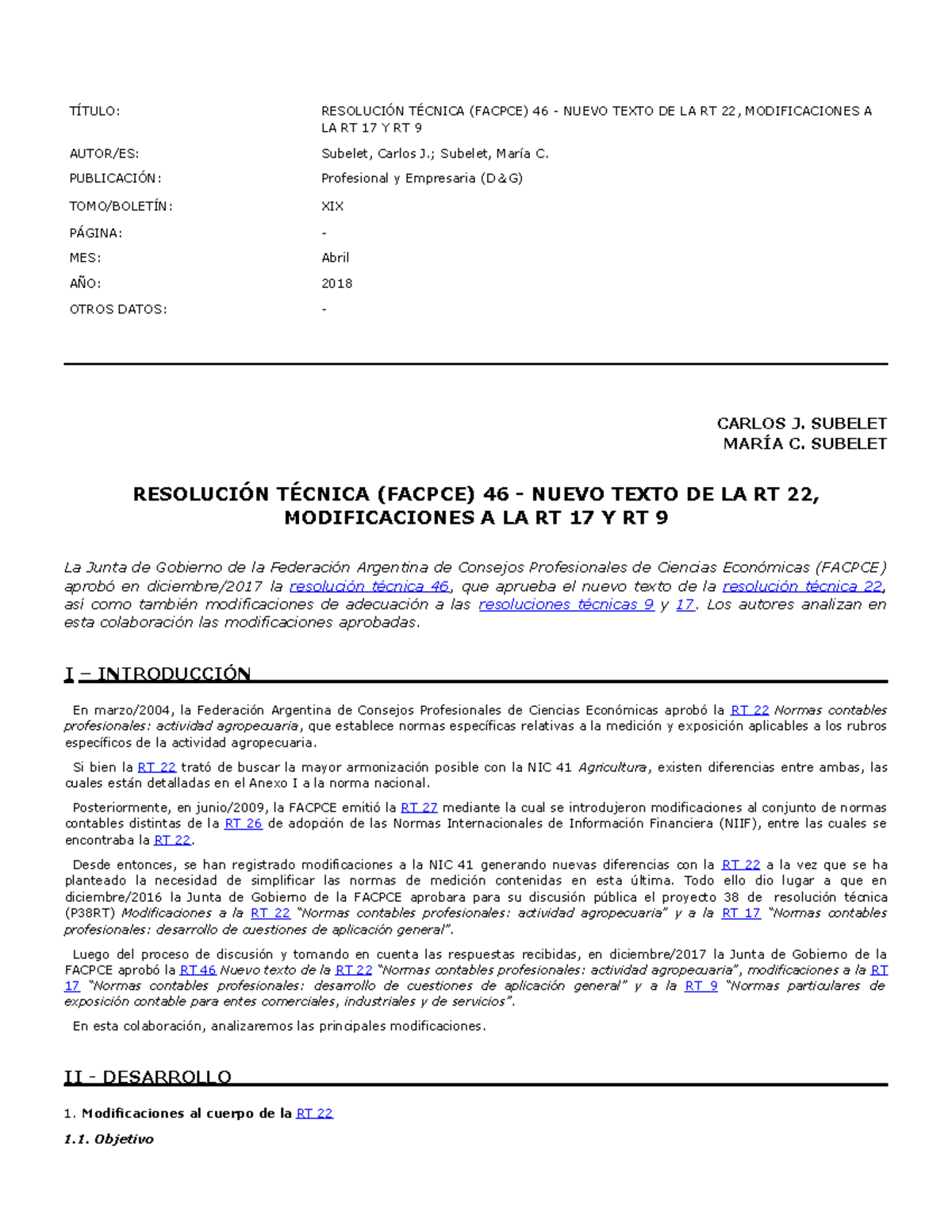 Comparacion RT 22 Y NIC 41 - TÍTULO: RESOLUCIÓN TÉCNICA (FACPCE) 46 ...