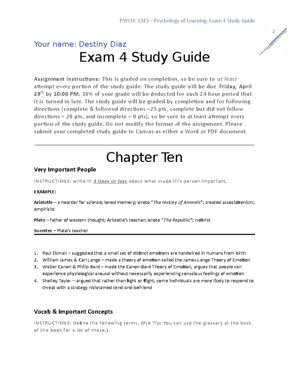 Exam 4 Study Guide - Olson - 2 Your name: Destiny Diaz Exam 4 Study ...