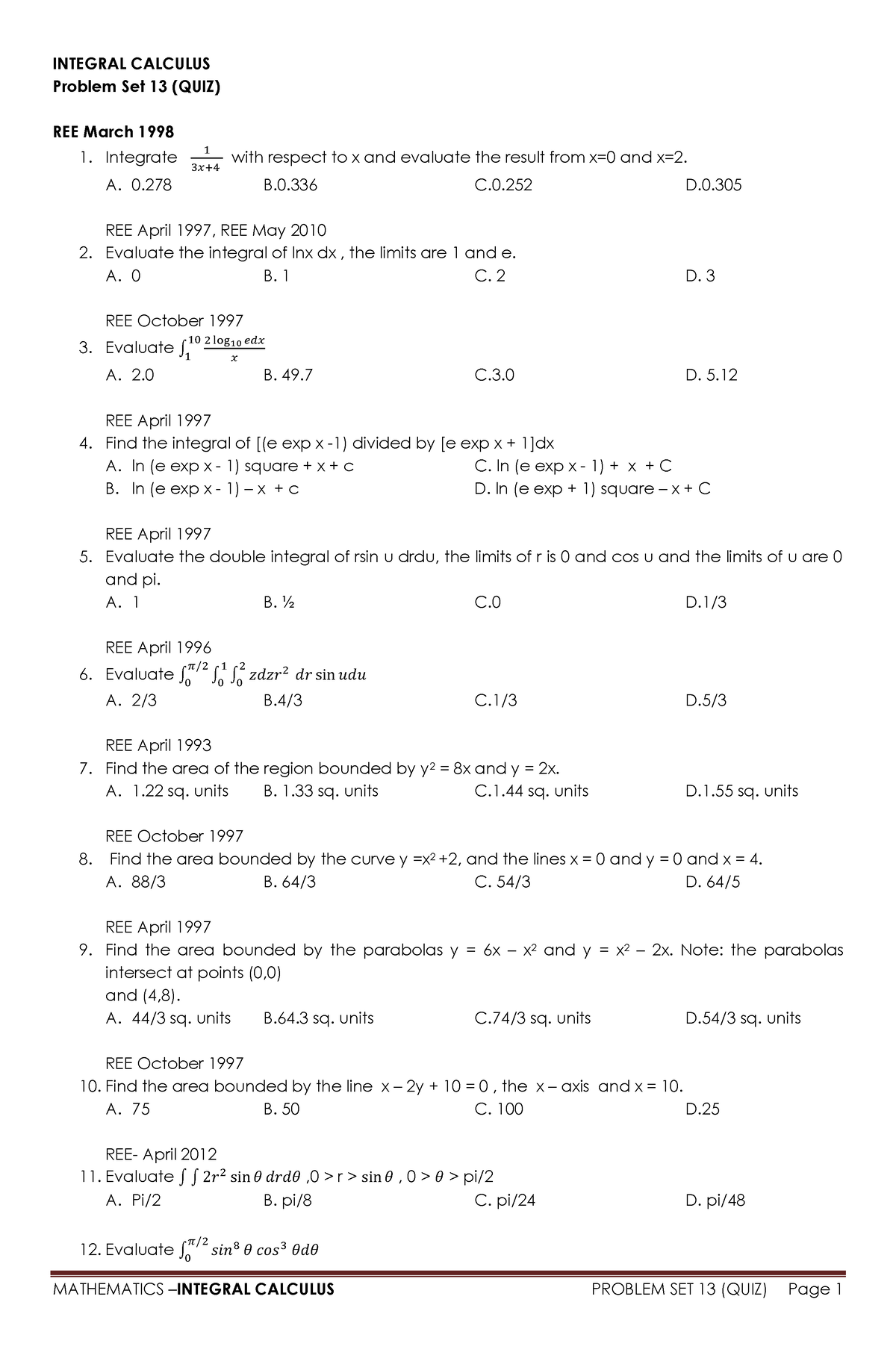 Integral Calculus PS 13(QUIZ) - INTEGRAL CALCULUS Problem Set 13 (QUIZ ...