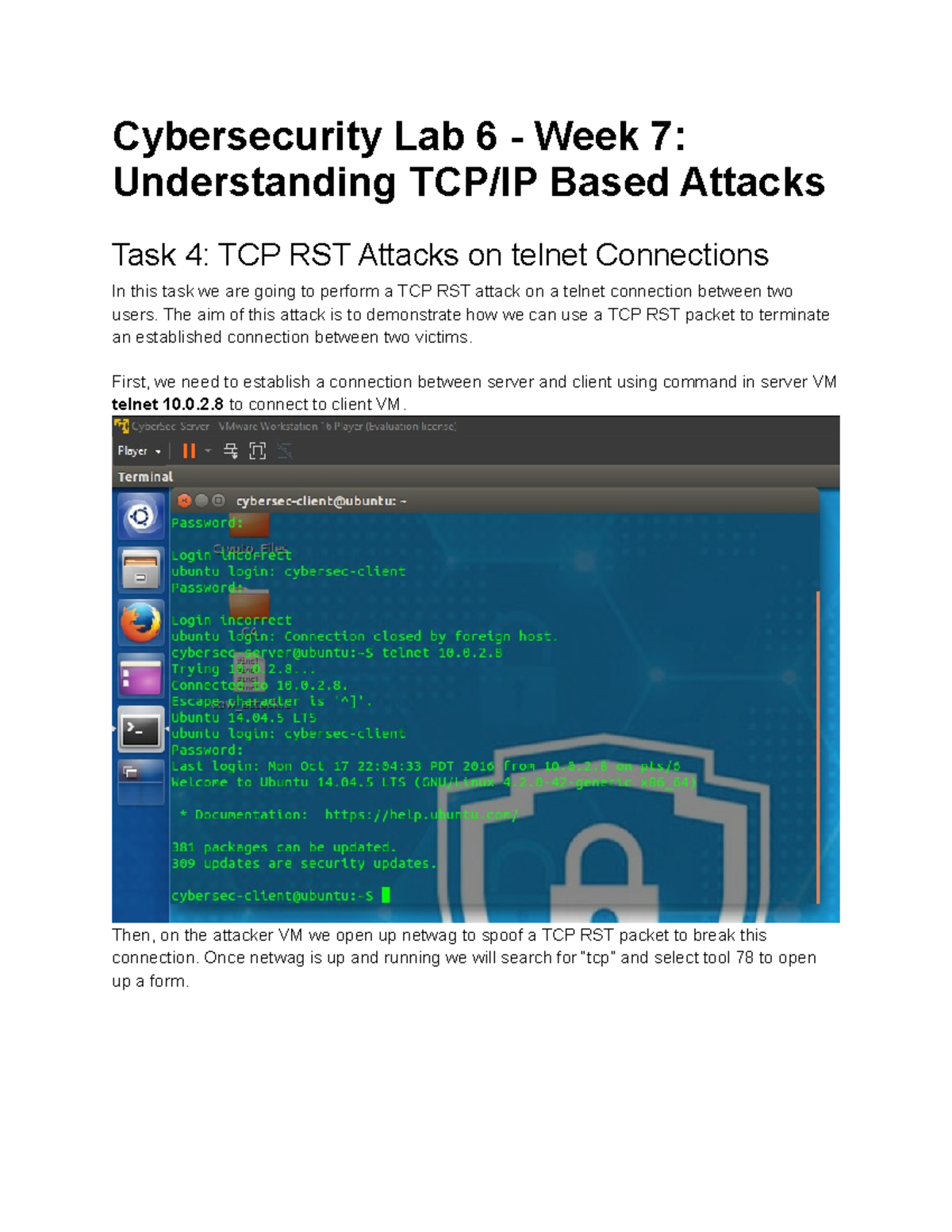 Cyber Sec Lab 6 - Cybersecurity Lab 6 - Week 7: Understanding TCP/IP ...