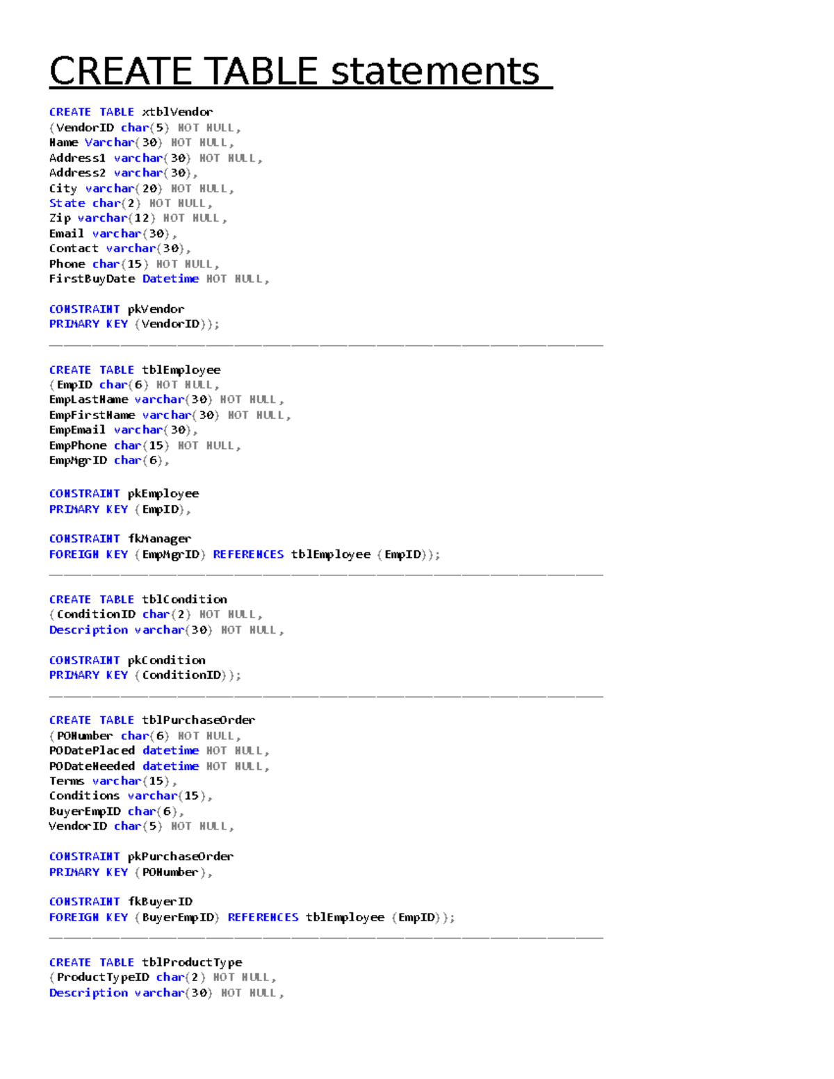 IS475 Homework 5 - CREATE TABLE statements CREATE TABLE xtblVendor ...