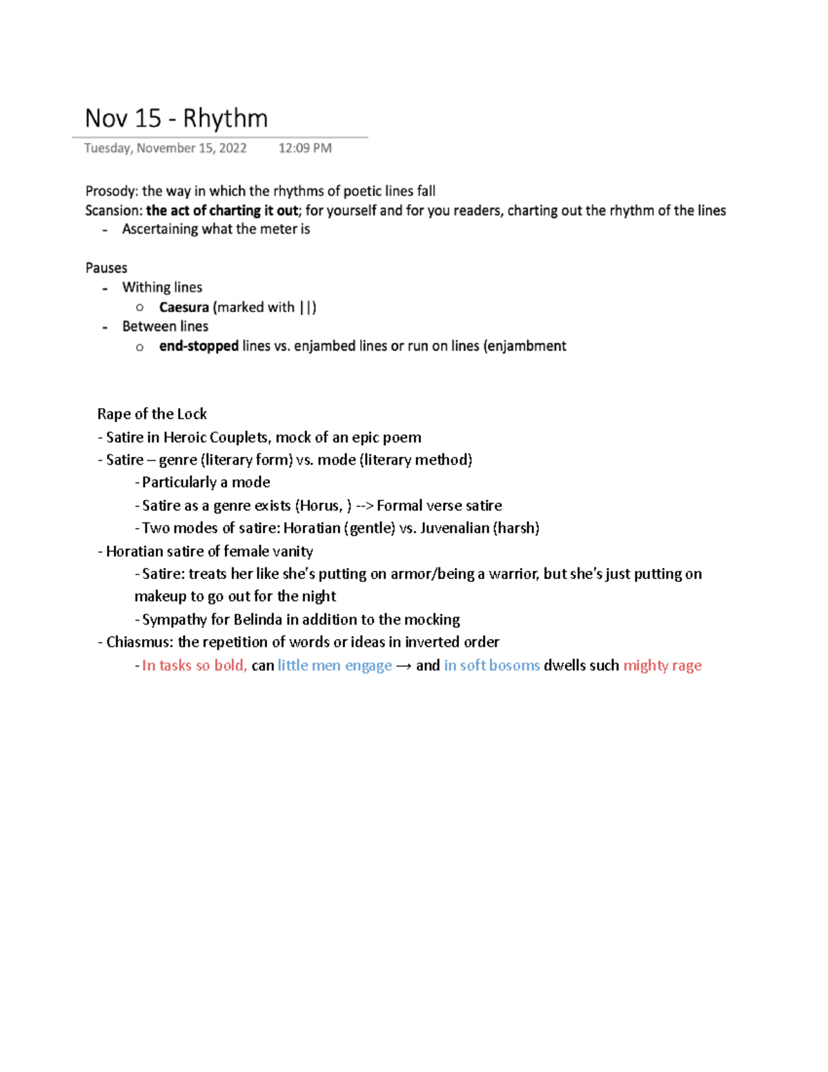 ENGL 100 Week 10 Notes - Christopher Fanning - Rape of the Lock Satire ...