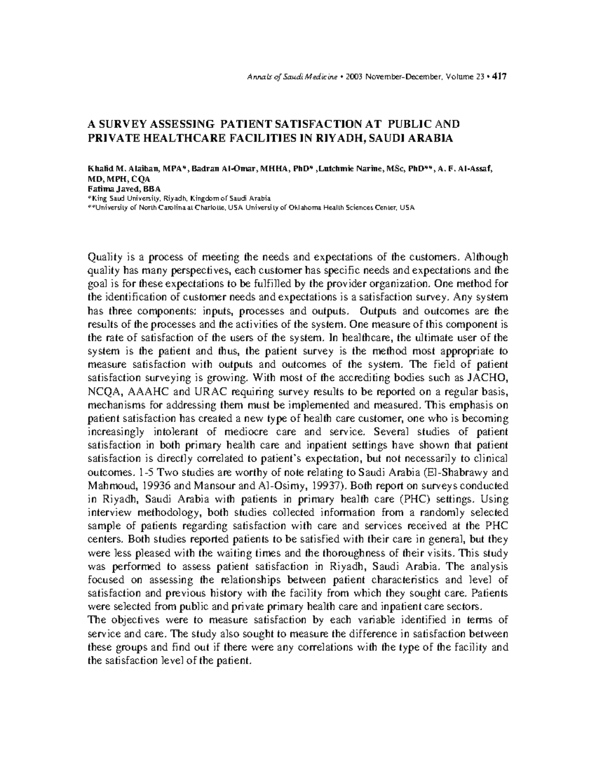 A Survey Assessing Patient Satisfaction - Annals of Saudi Medicine ...