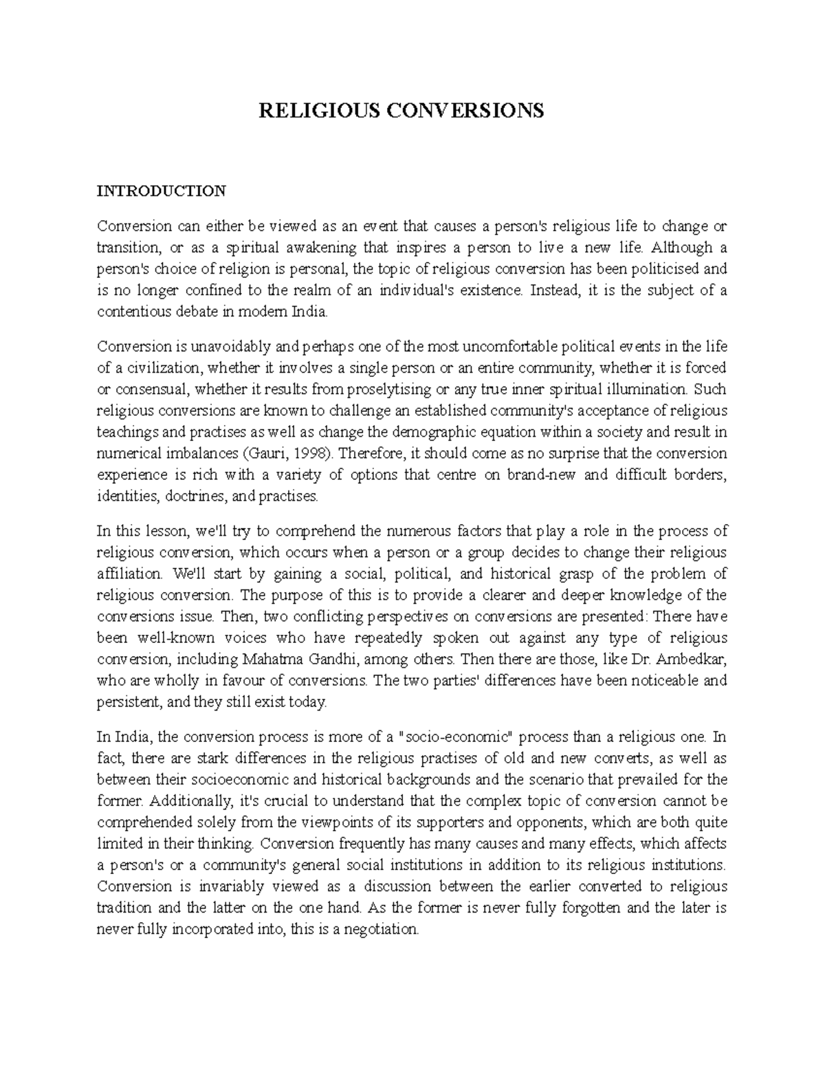 Religious Conversions RELIGIOUS CONVERSIONS INTRODUCTION Conversion