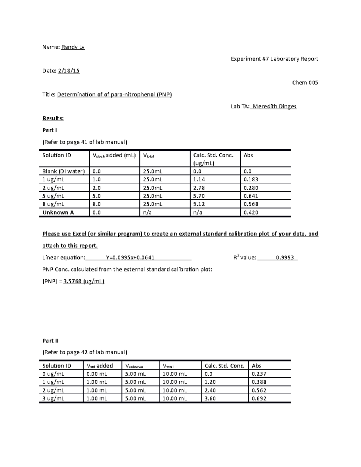 Exp 7 Lab Report - Chem 005, Winter 2015. Exp 7 Post Lab - Name: Randy ...