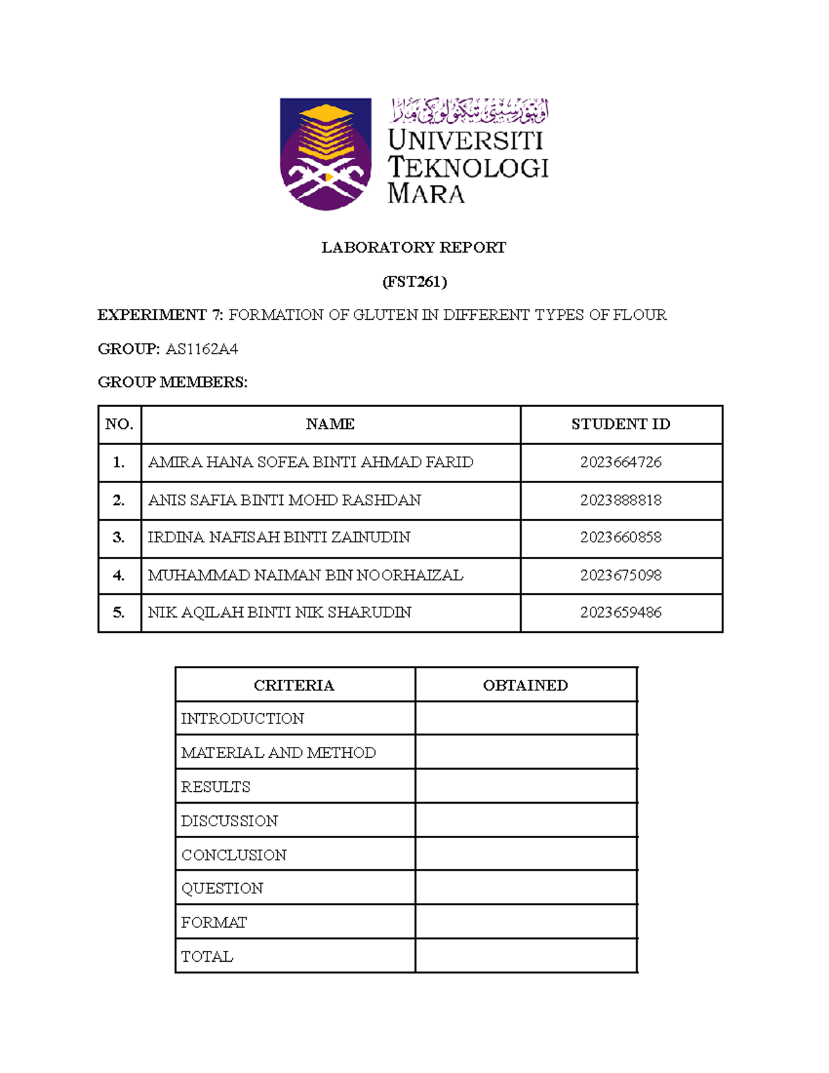 FST261 Formation OF Gluten IN Different Types OF Flour - LABORATORY ...