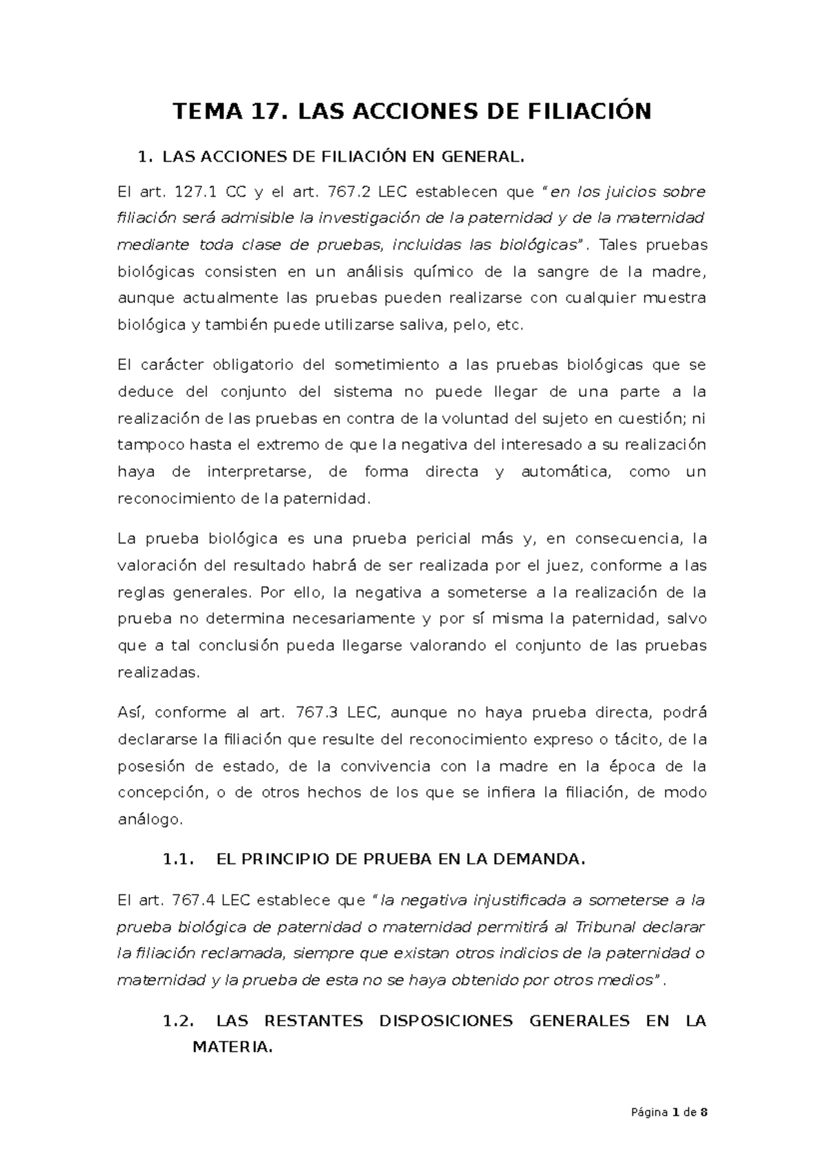 Tema 17 - Apuntes 17 - TEMA 17. LAS ACCIONES DE FILIACIÓN 1. LAS ...