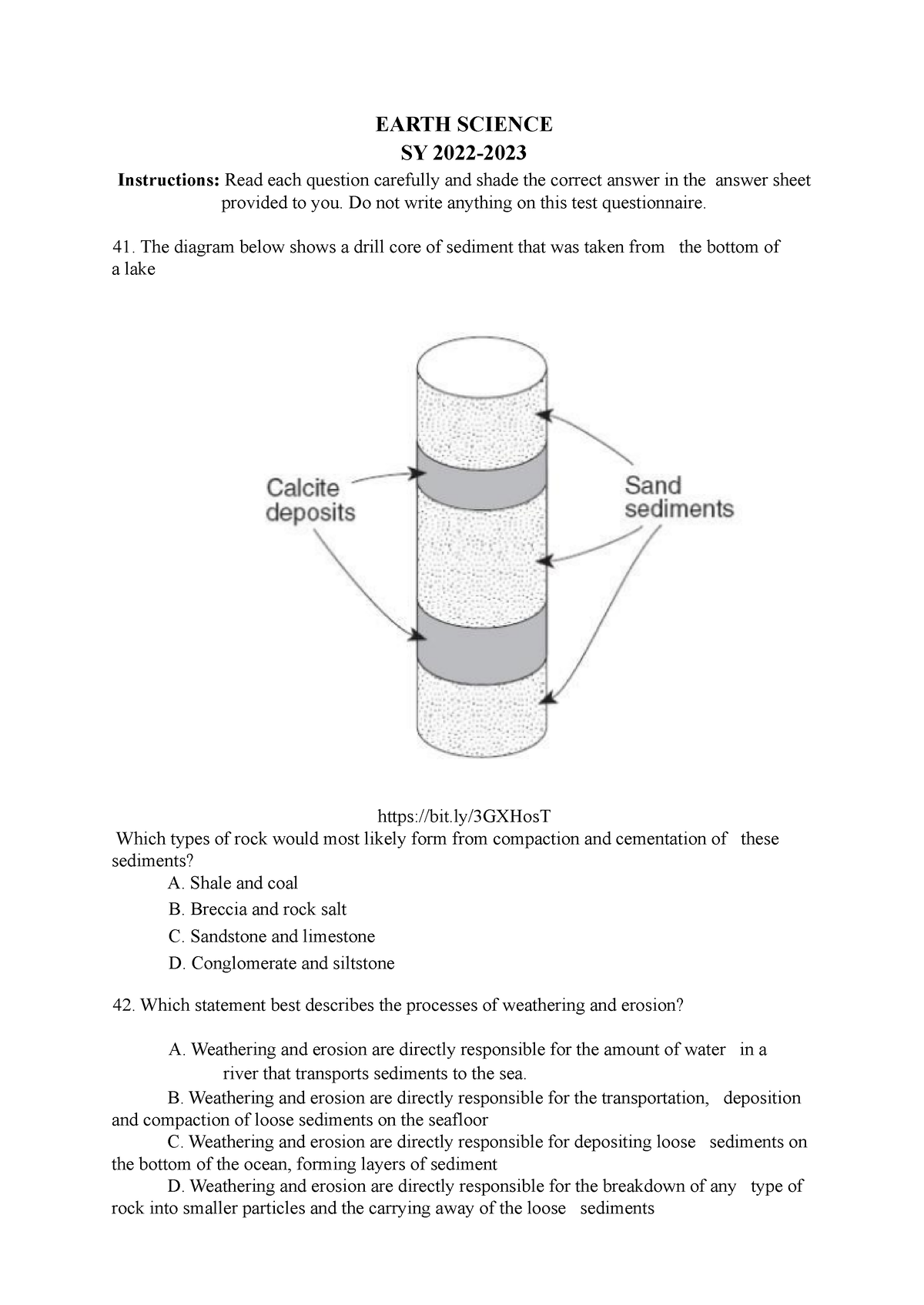 Earth Science - Reviewer Test - EARTH SCIENCE SY 2022- Instructions ...