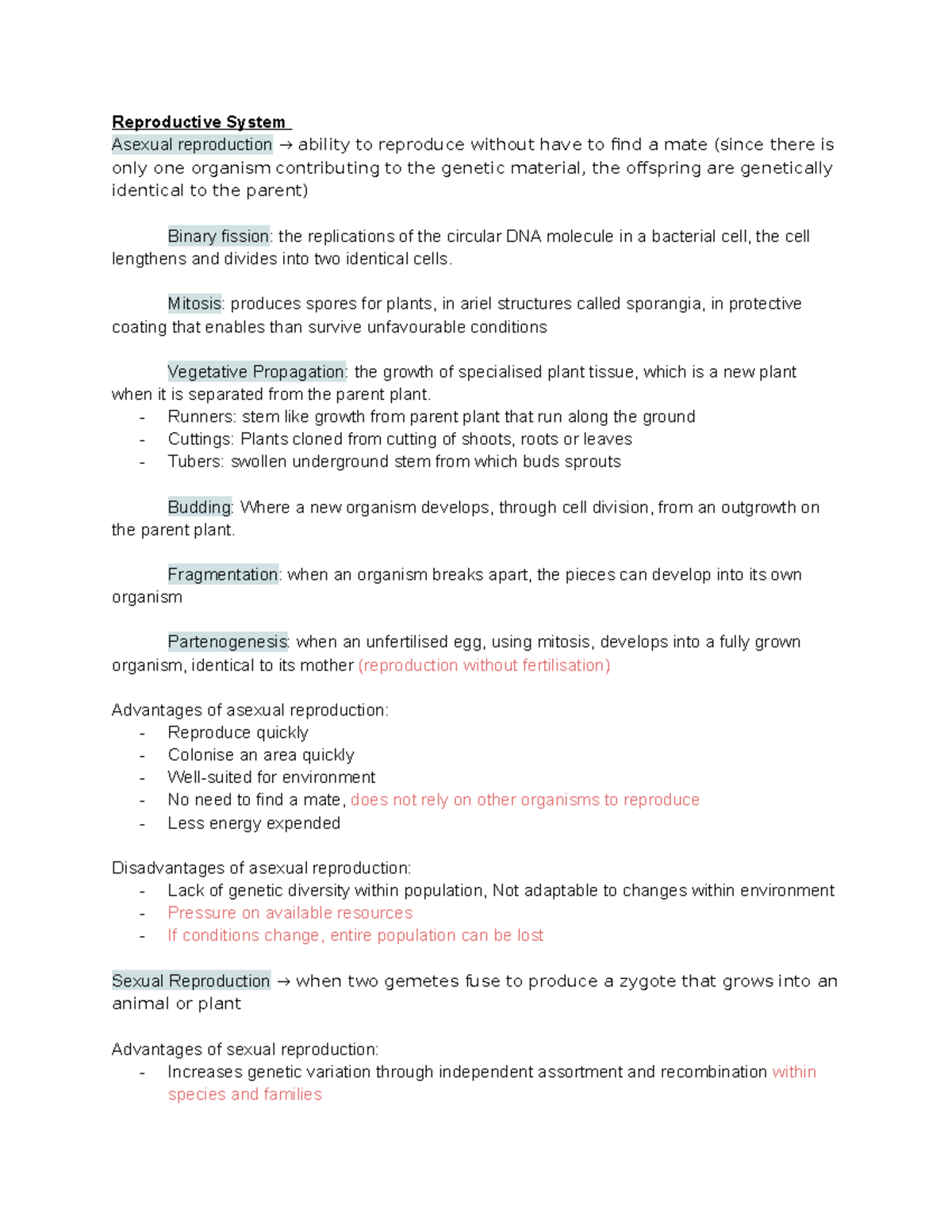 Biology Revision - Ao S2 - Reproductive System Asexual reproduction → ...
