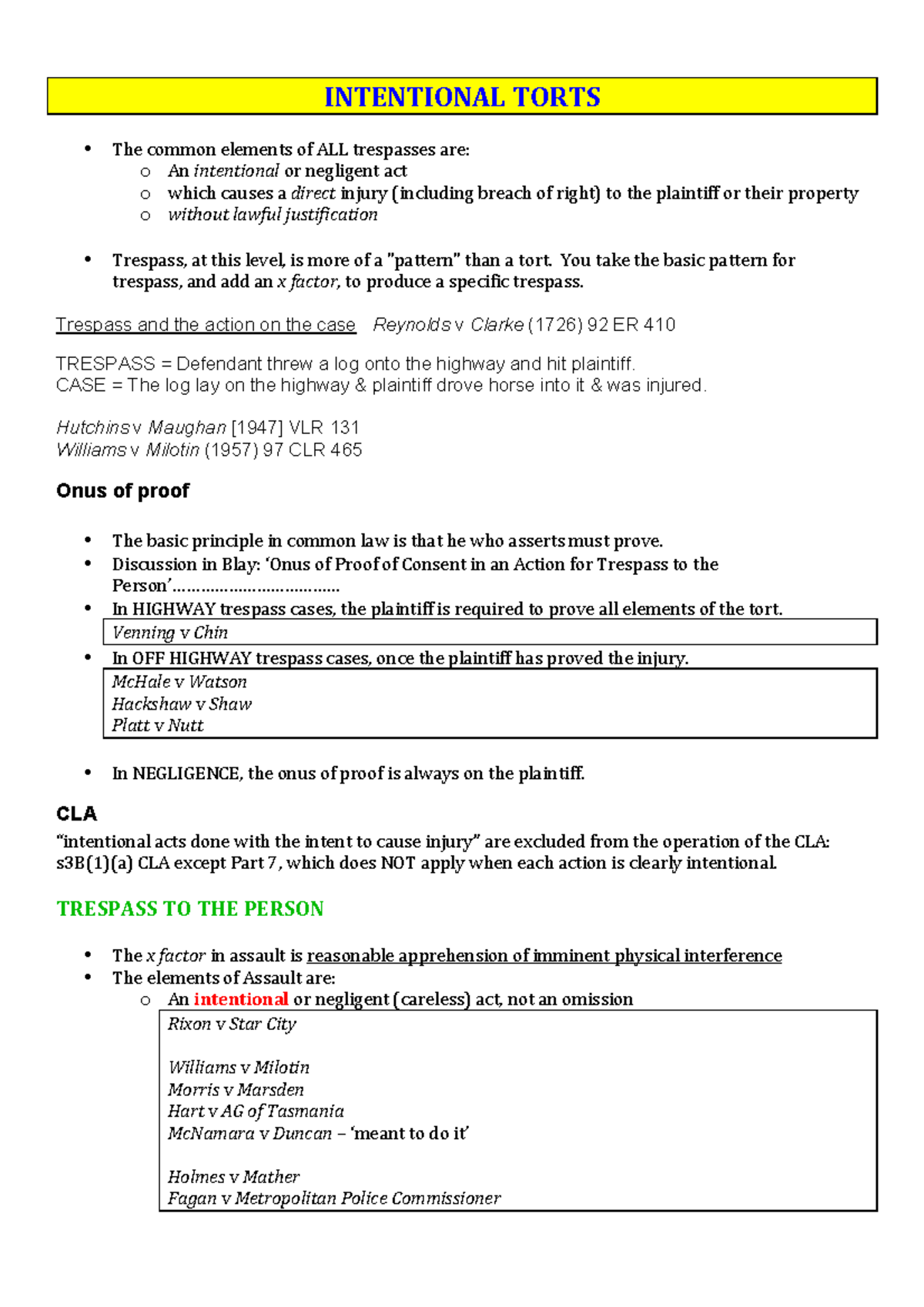 02 Torts Exam Notes - ! !"#$"#!%"&'(#%)#*( ! • - Studocu