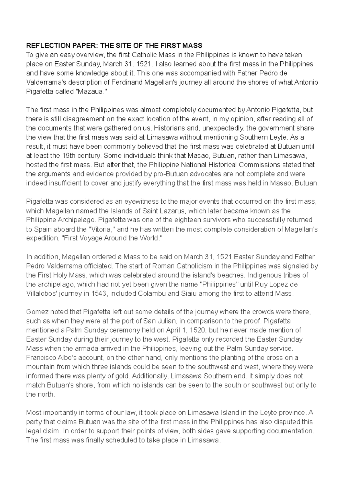 Reflection Paper THE SITE OF THE First MASS REFLECTION PAPER THE