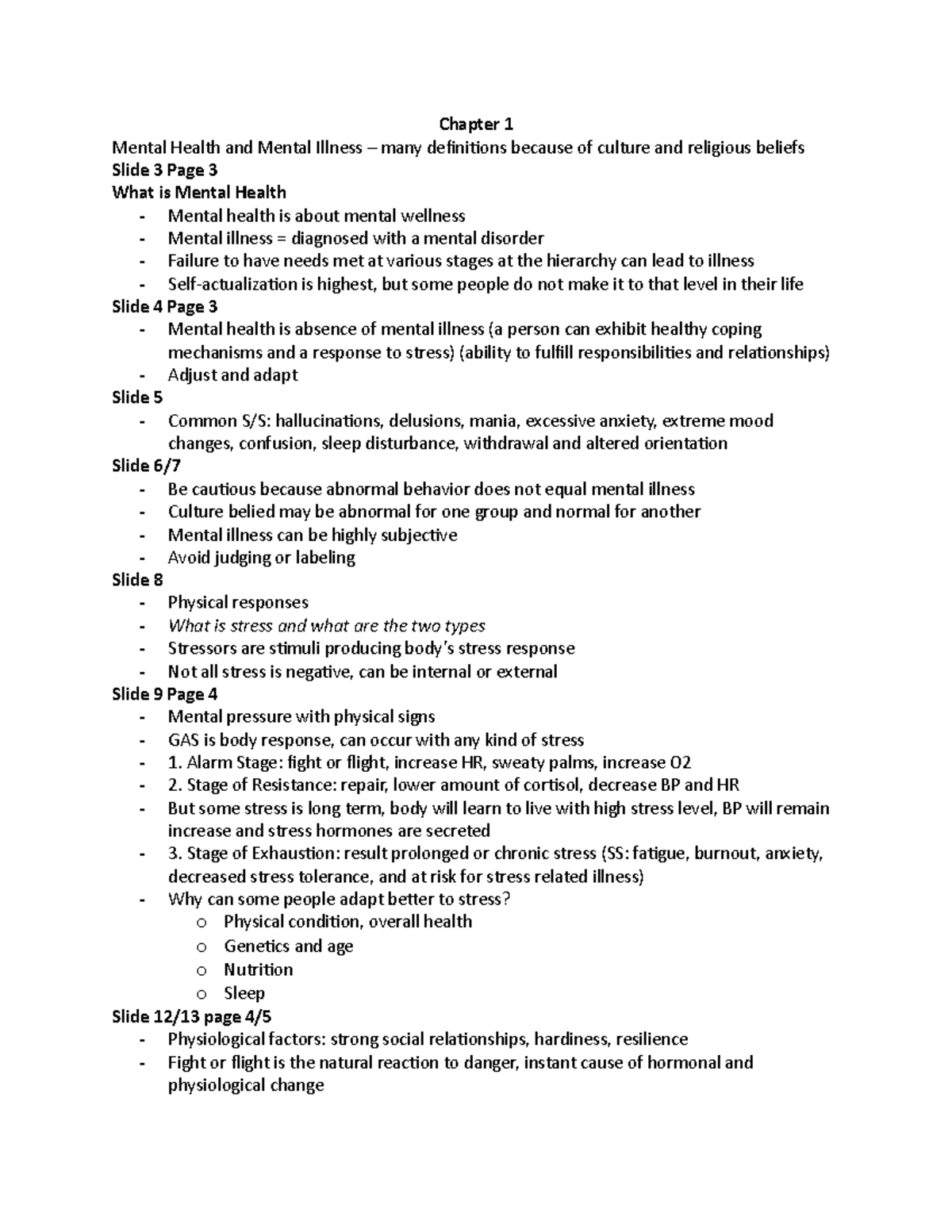 Lecture One Notes for this Exam - Chapter 1 Mental Health and Mental ...