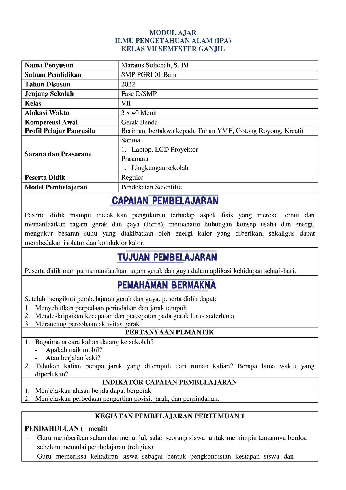 Modul Ajar Gerak - MODUL AJAR ILMU PENGETAHUAN ALAM (IPA) KELAS VII ...