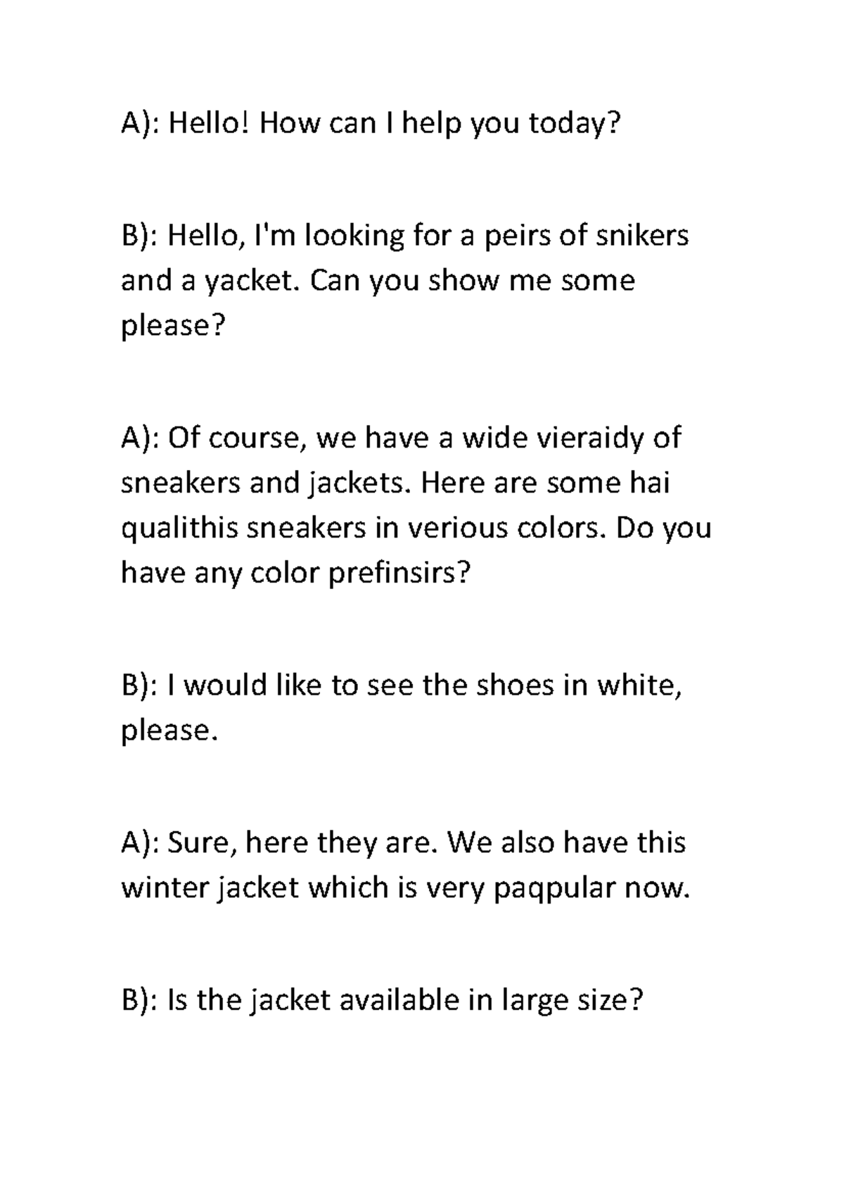 ING - ingles ii - A): Hello! How can I help you today? B): Hello, I'm ...