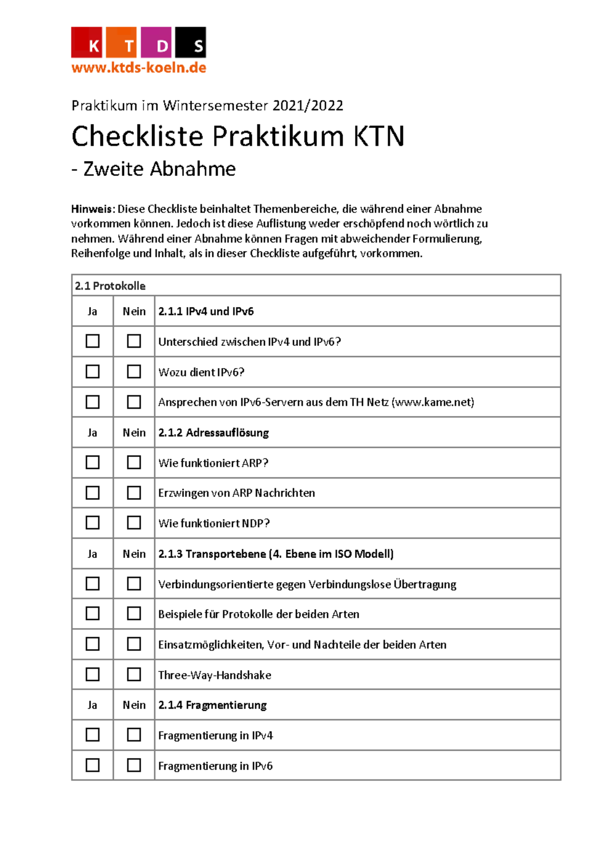 Checkliste 2. Praktikum - Praktikum im Wintersemester 2021/ Checkliste