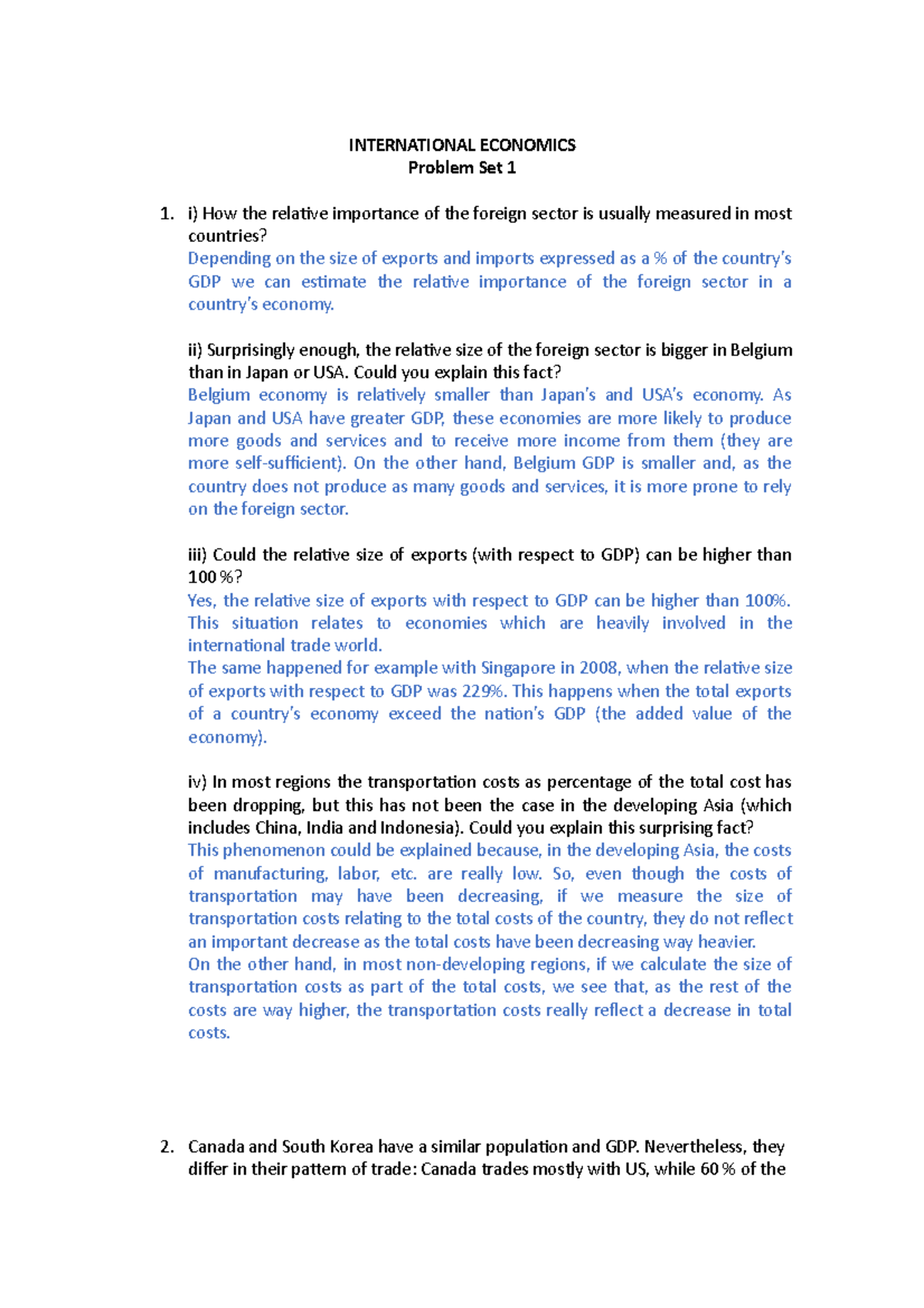 Problem set 1. Integration - INTERNATIONAL ECONOMICS Problem Set 1 i ...