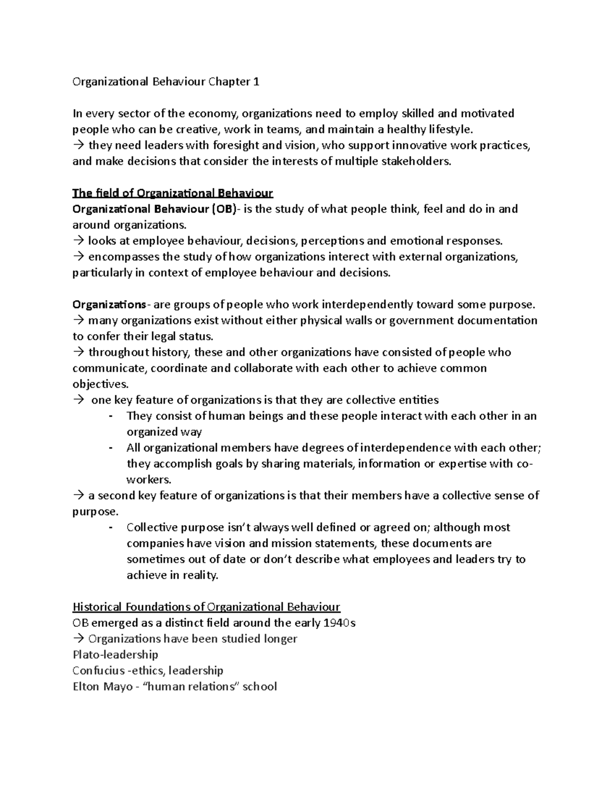 Chapter 1 notes summarized from the OB Textbook - Organizational ...