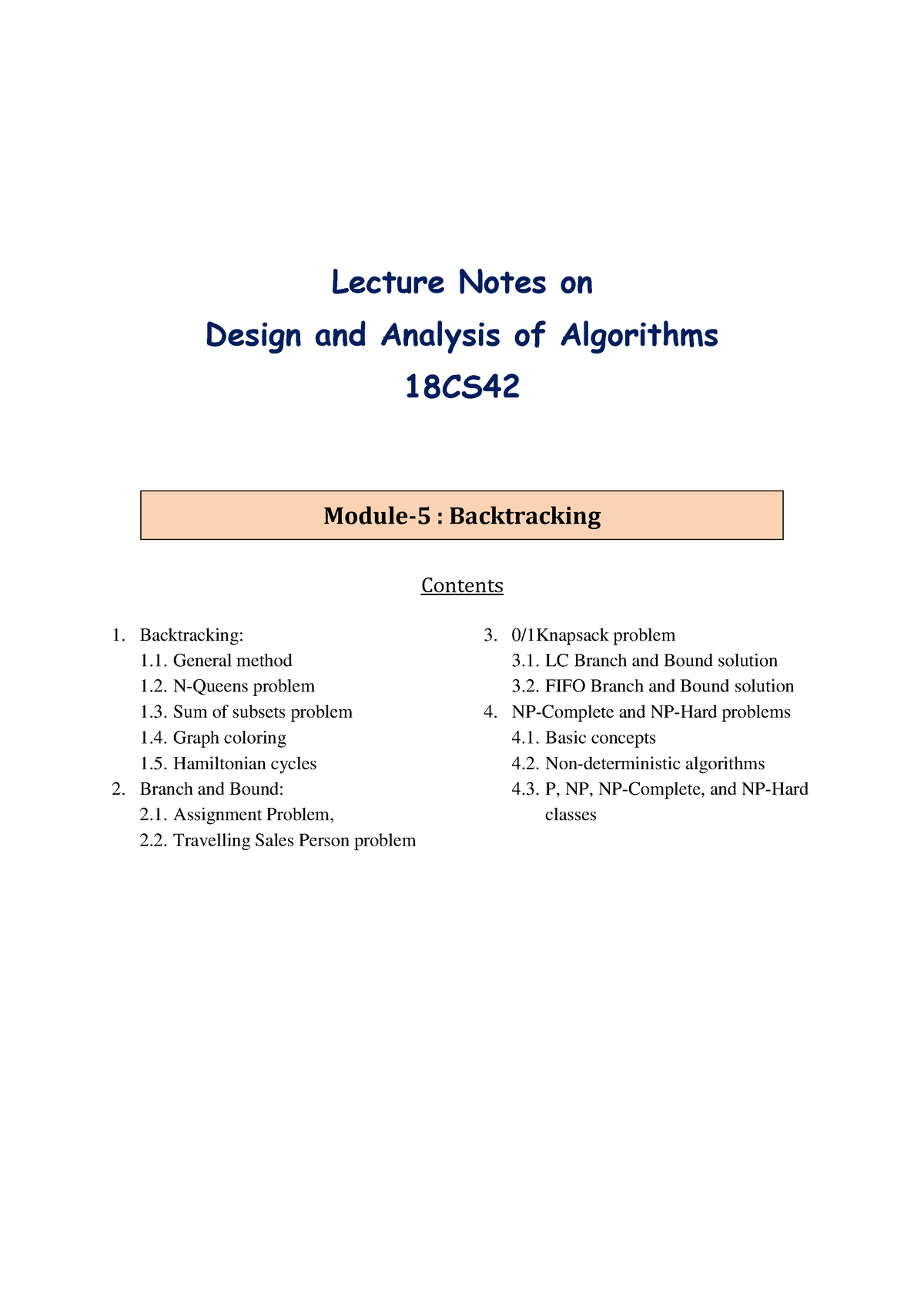 M-5 - MODULE 5 NOTES - Module-5 : Backtracking Lecture Notes On Design ...