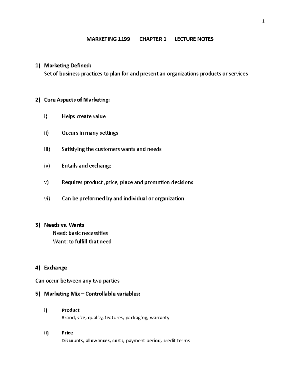 Ch 1 Lec Notes Grewal - 1 MARKETING 1199 CHAPTER 1 LECTURE NOTES ...