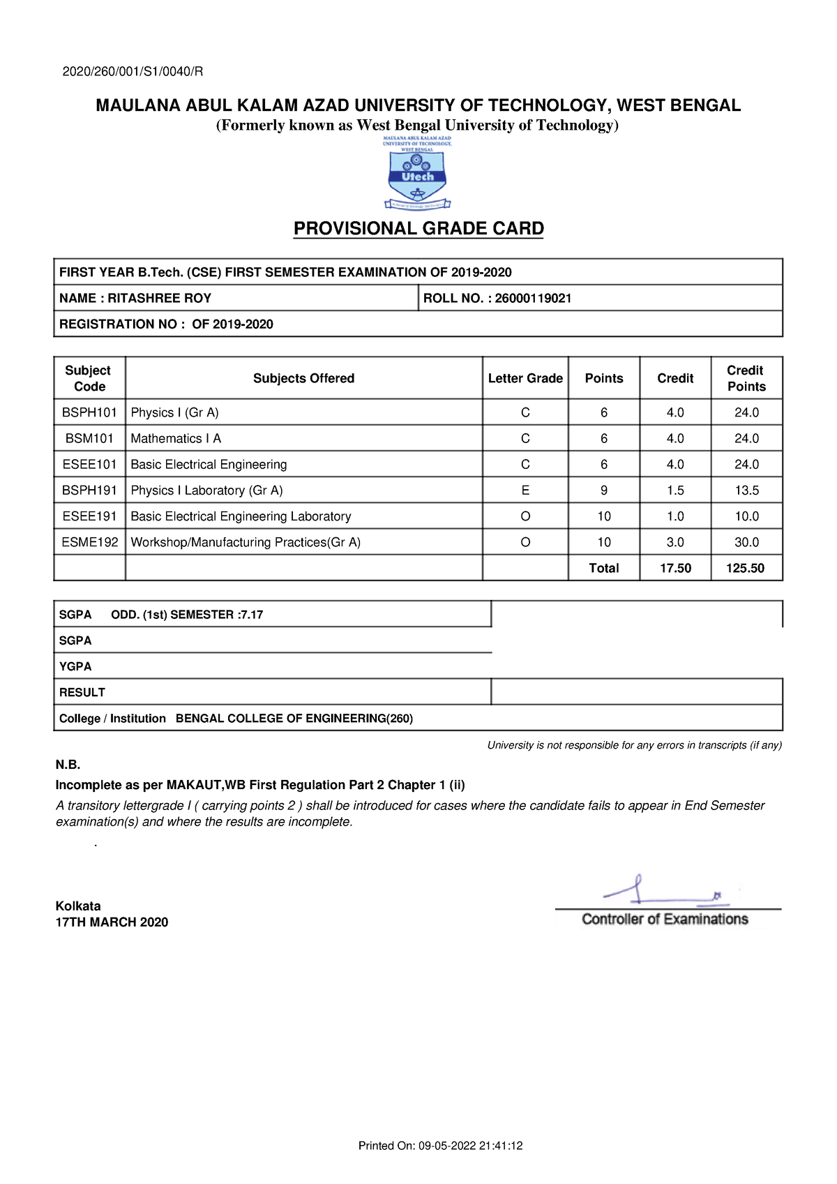 26000119021 Marksheet - 2020/260/001/S1/0040/R MAULANA ABUL KALAM AZAD ...