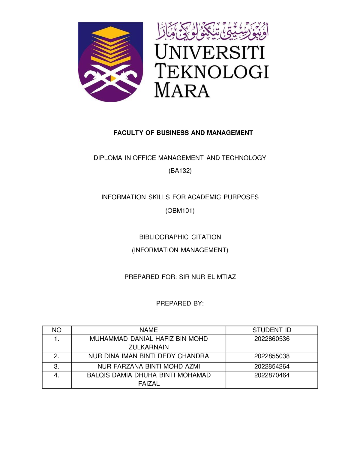 OBM101 GP Assign - BIBLIOGRAPHIC CITATION - FACULTY OF BUSINESS AND ...