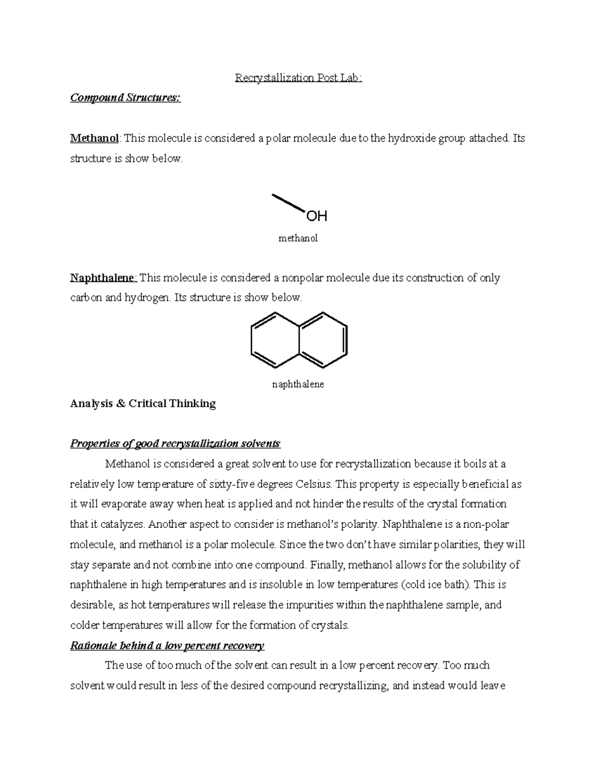 Recrystal Post Lab - Lab Experiment Work For 322A - Recrystallization ...