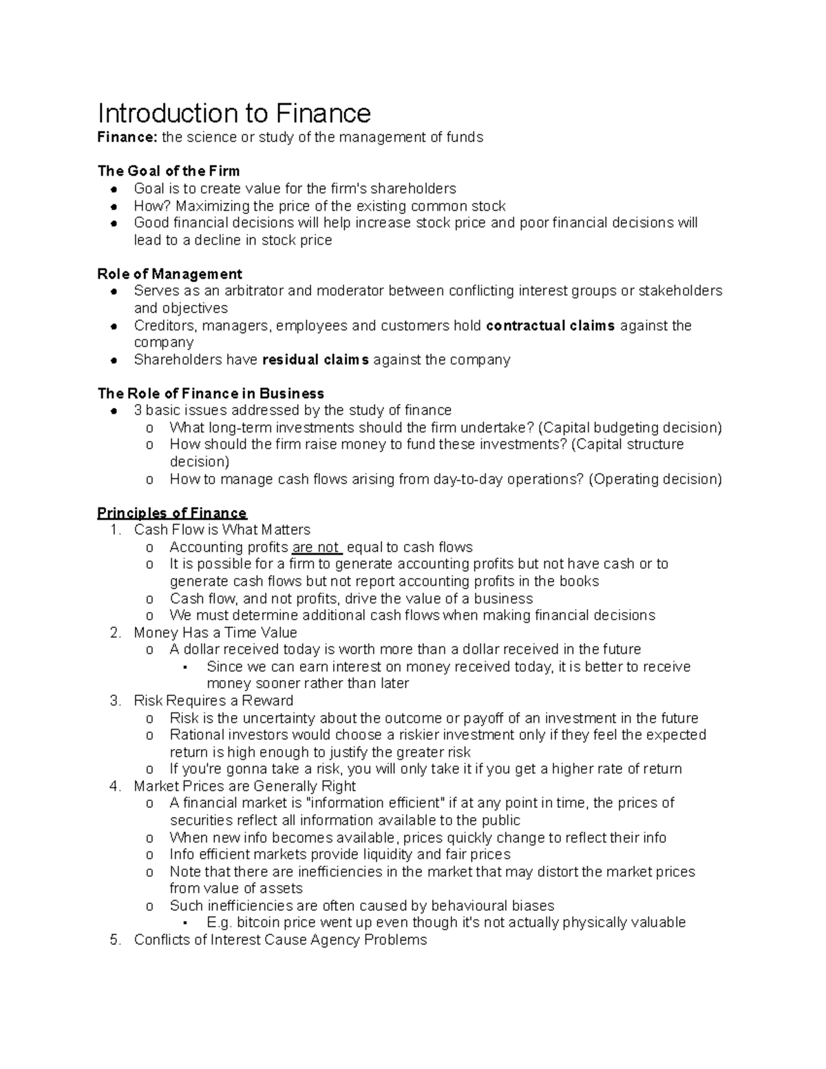 EXAM 3 Notes MOS 1023 - 2019 - Introduction to Finance Finance: the ...