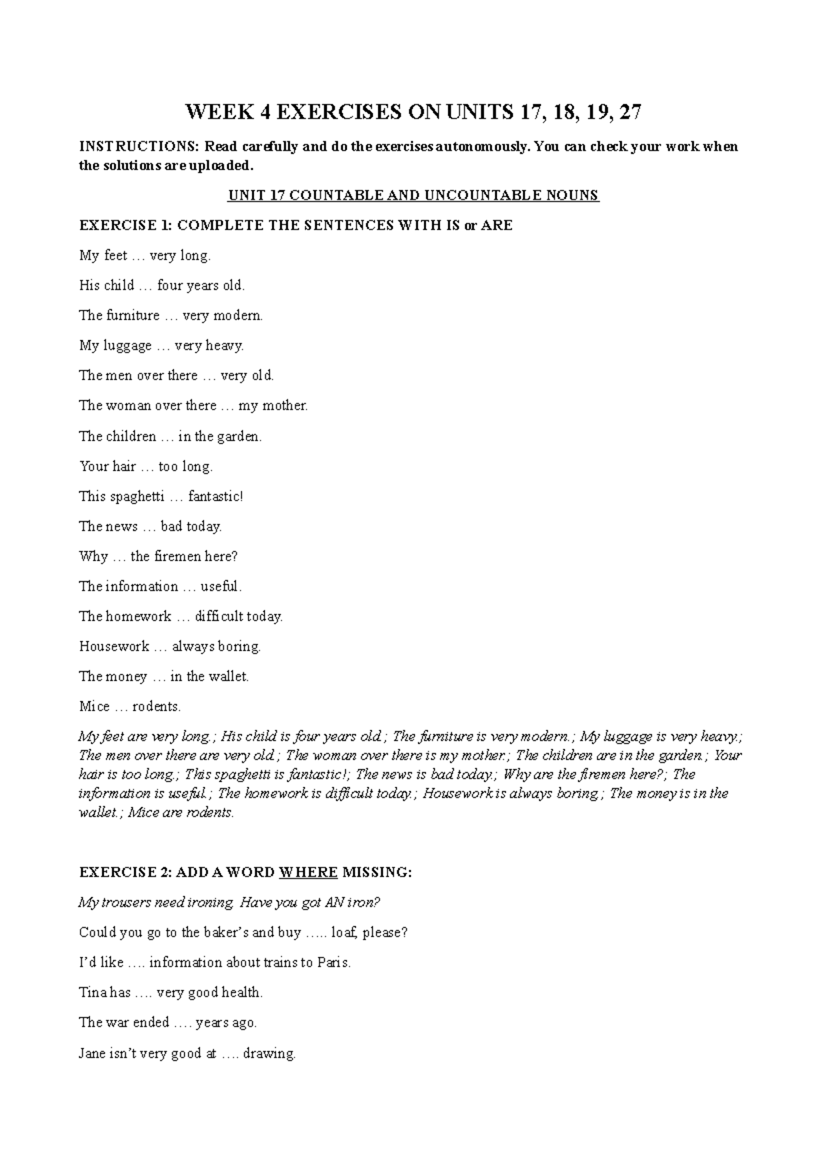 Key WEEK 4 2020 Practice UNIT 17, 18, 19, 27 - WEEK 4 EXERCISES ON ...