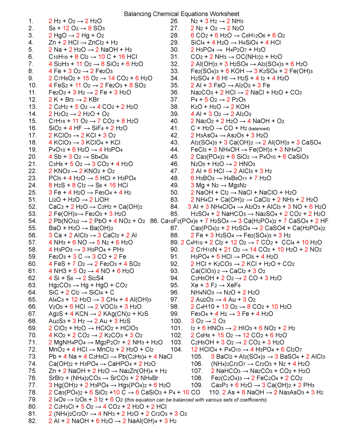 Balancing equations worksheet key - Balancing Chemical Equations ...