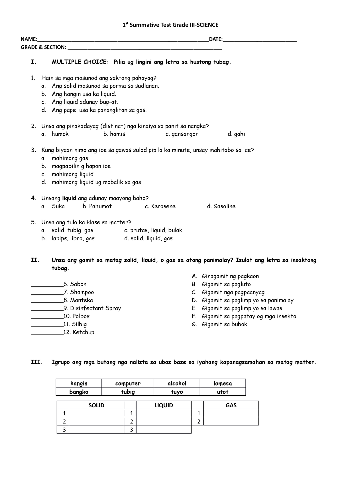 1st Summative Test Grade III Science - 1 st Summative Test Grade III ...