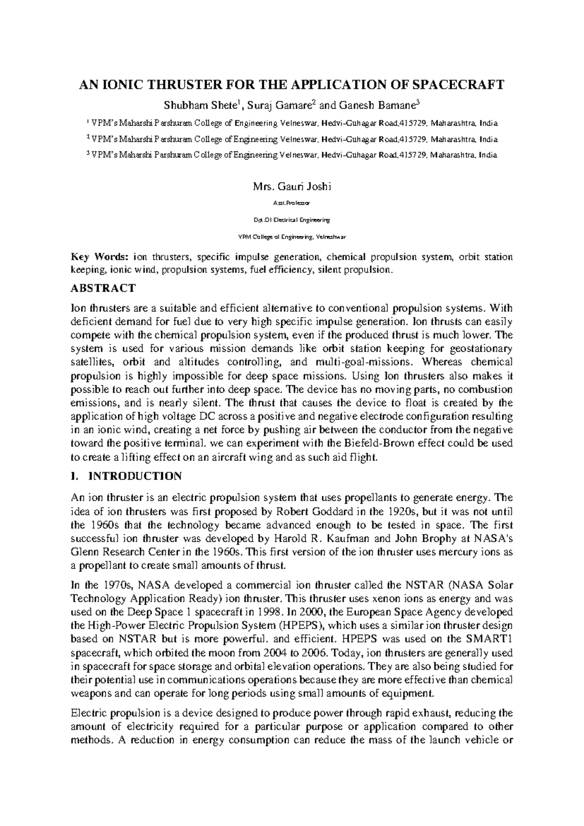 AN Ionic Thruster Application FOR Spacecraft - AN IONIC THRUSTER FOR ...