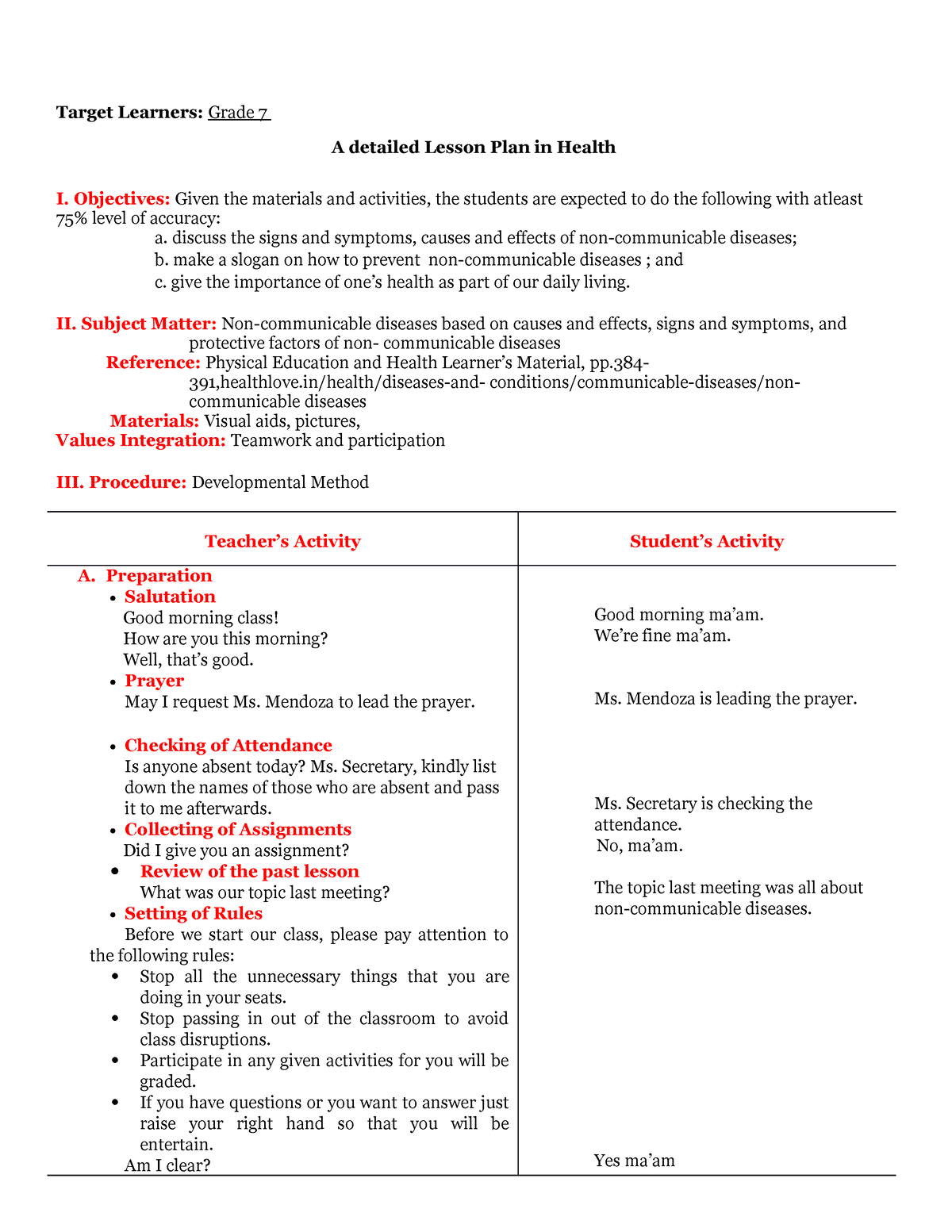 Lesson PLAN Grade 7- Health - Target Learners: Grade 7 A Detailed ...