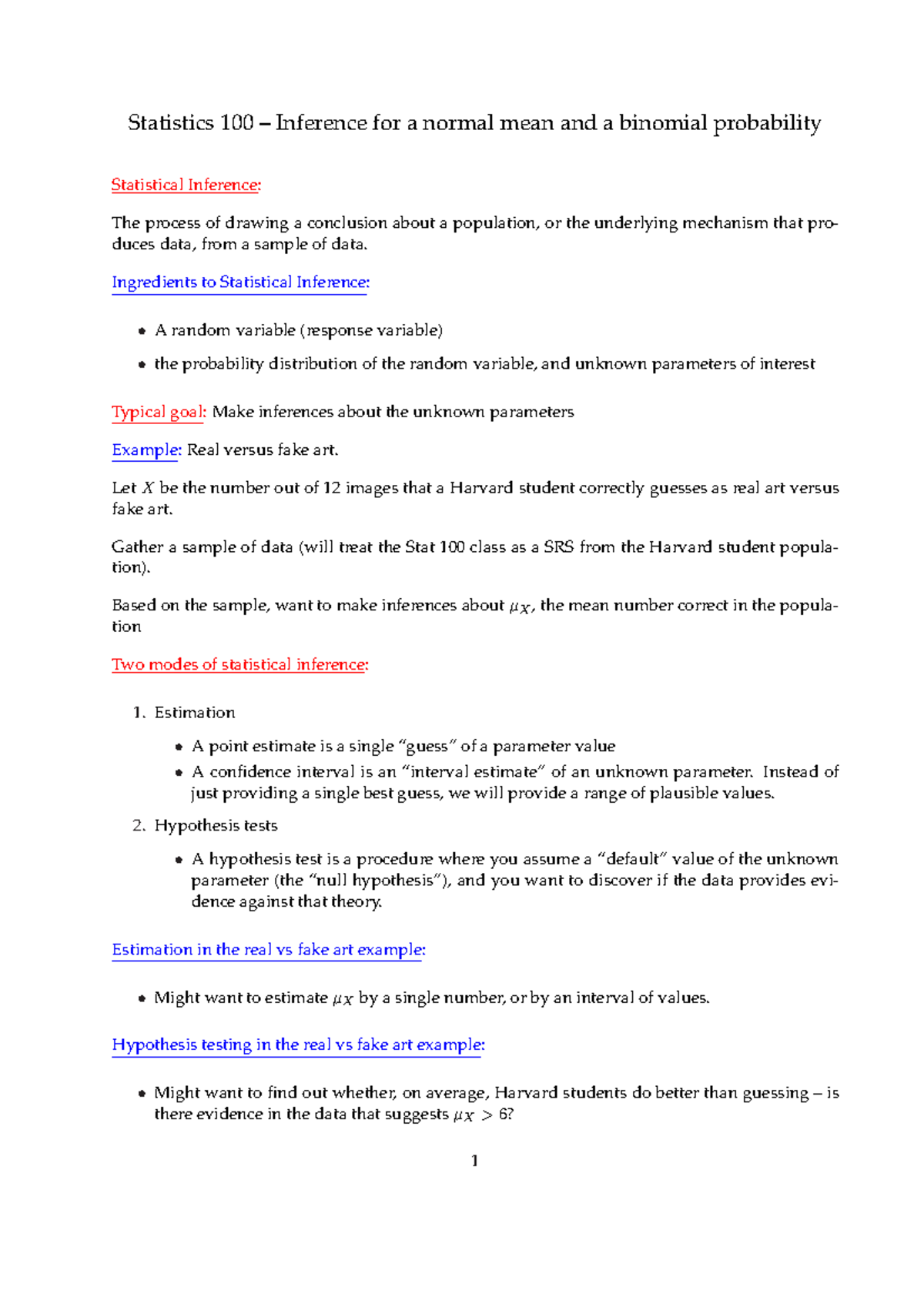 Lecture notes, Lecture 8- STAT100 - Statistics 100 Inference for a ...