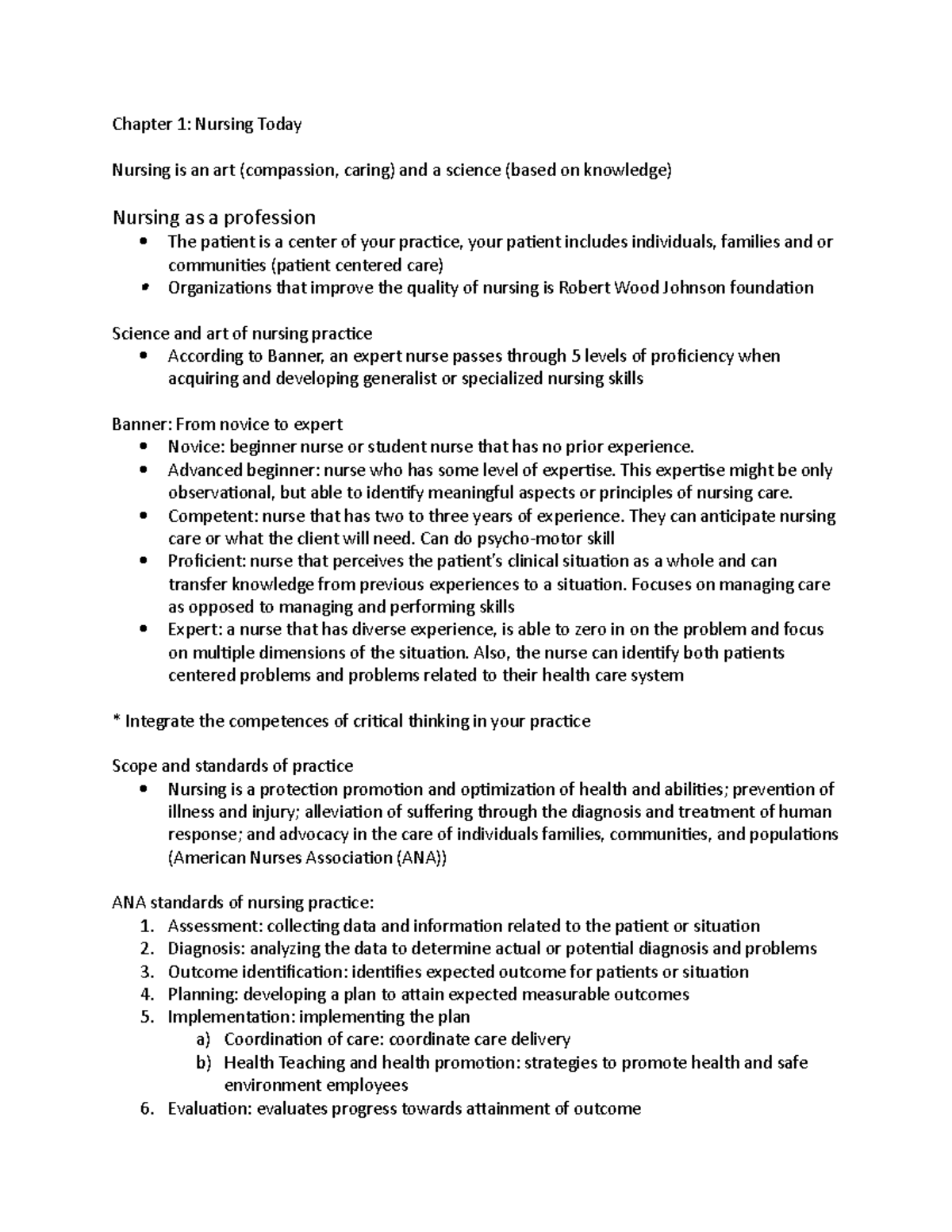 Ch. 1 Notes for Potter and Perry 10th ed - Chapter 1: Nursing Today ...