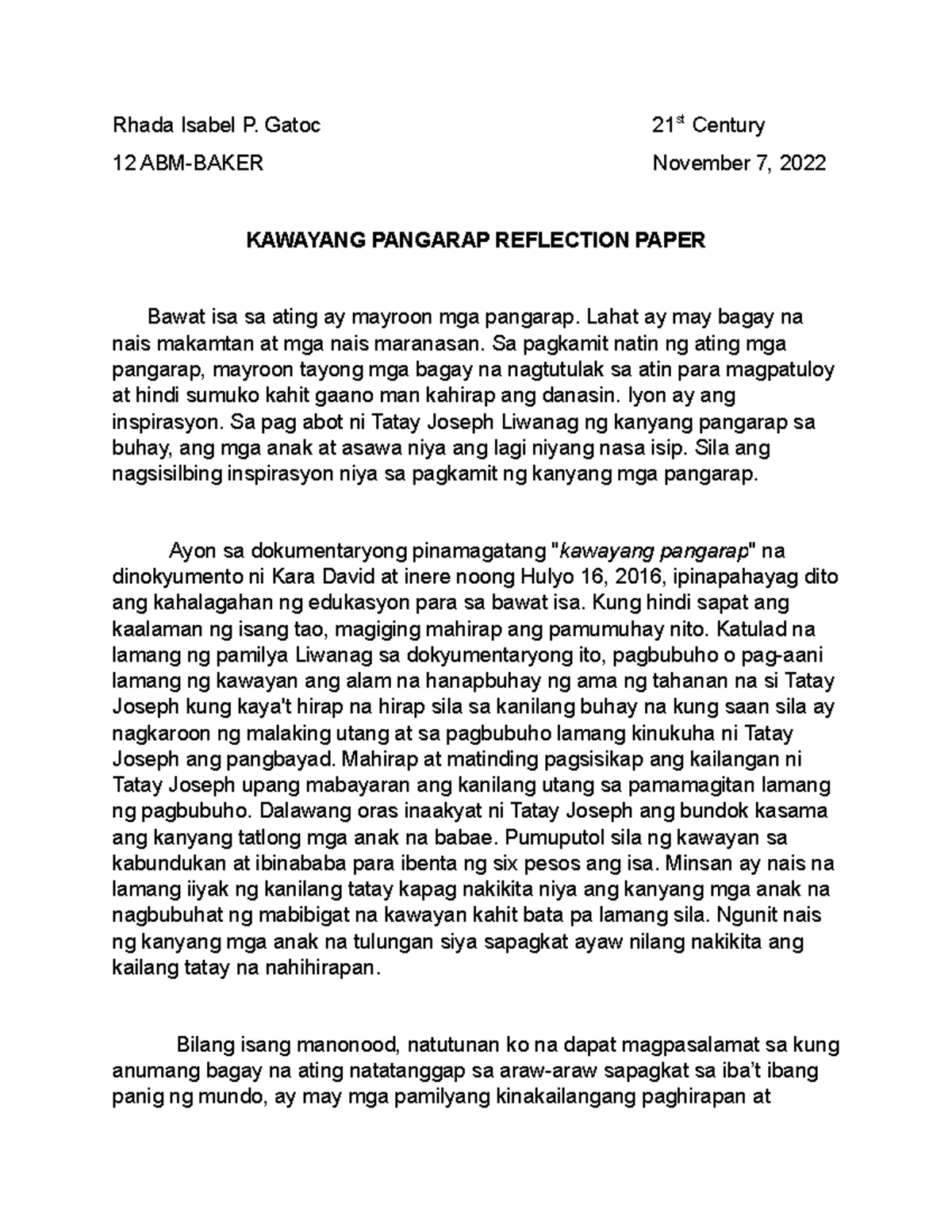 Reflection Paper 21ST Century - Rhada Isabel P. Gatoc 21 st Century 12 ...