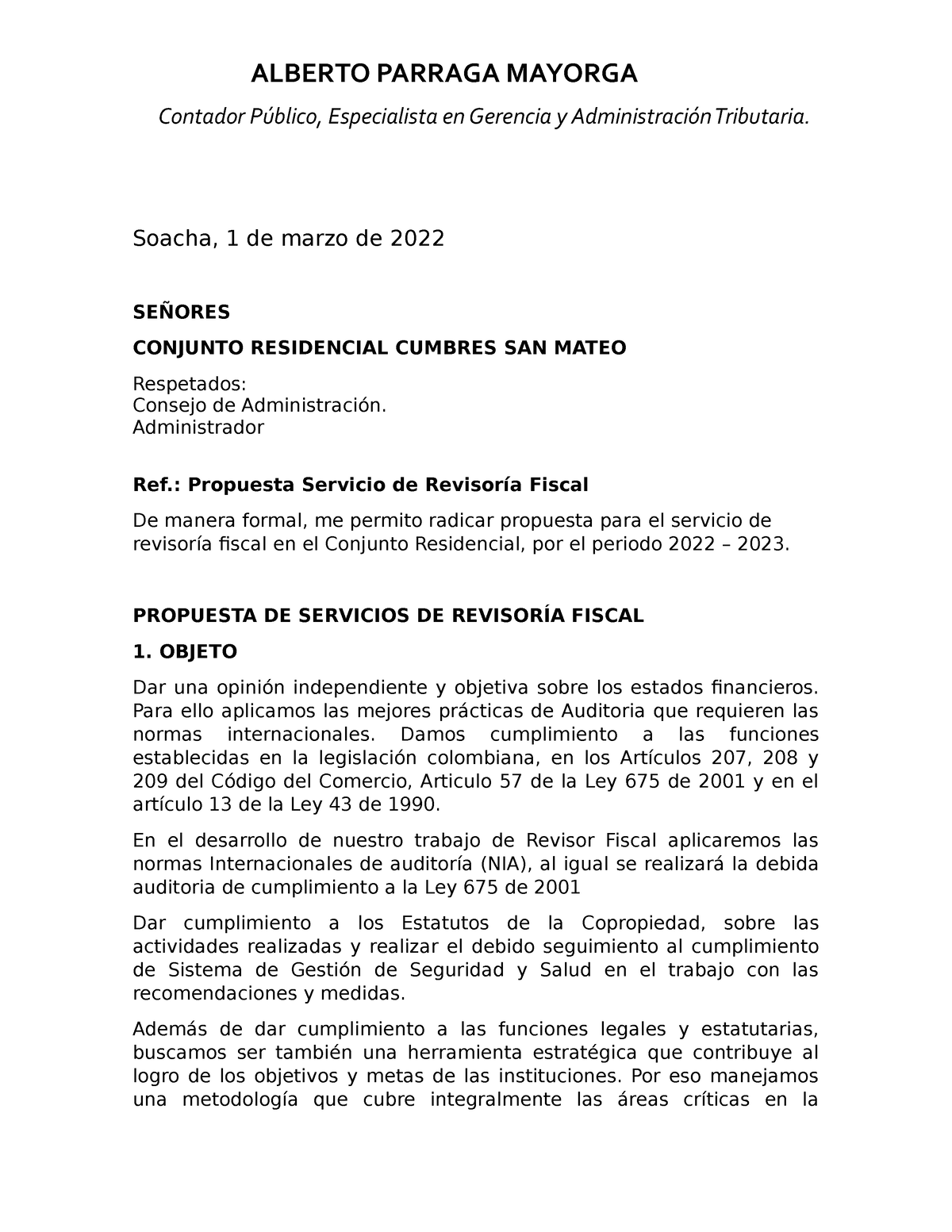 Propuesta Revisoria Fiscal Ph Contador Público Especialista En