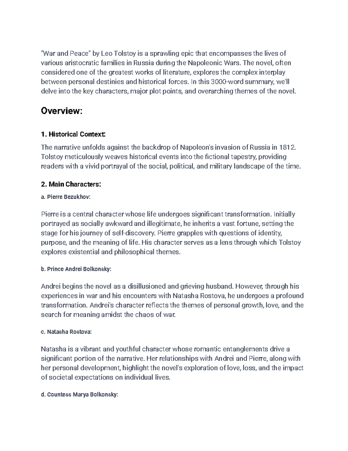 War and Peace by Leo Tolstoy Summary "War and Peace" by Leo Tolstoy