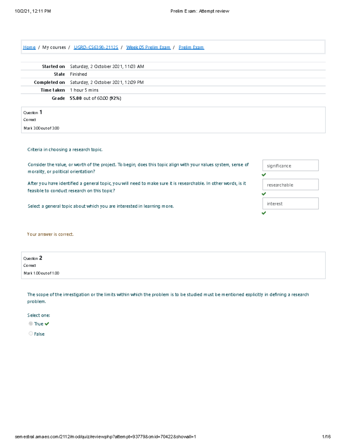 Prelim Exam Attempt Review - Home/My Courses/ UGRD-CS6398-2112S/ Week ...