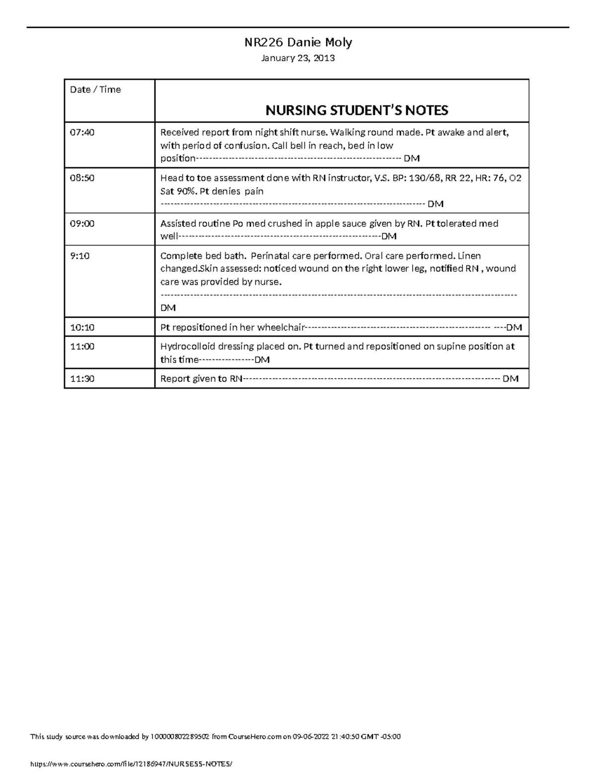 Nurses S Notes NR226 Danie Moly January 23 2013 Date Time NURSING   Thumb 1200 1553 