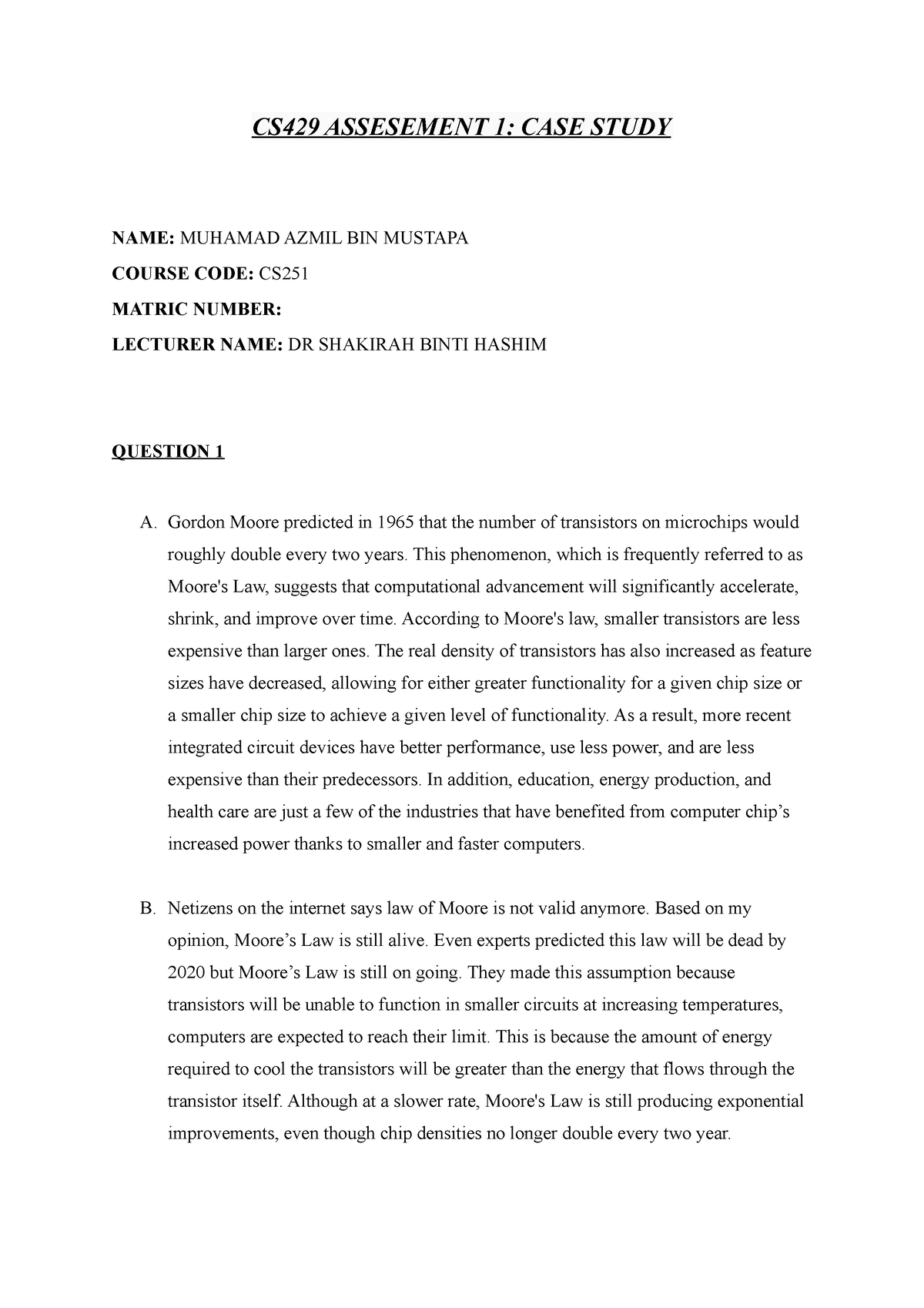 CSC429 Assesement 1 - Computer Architecture - CS429 ASSESEMENT 1: CASE ...