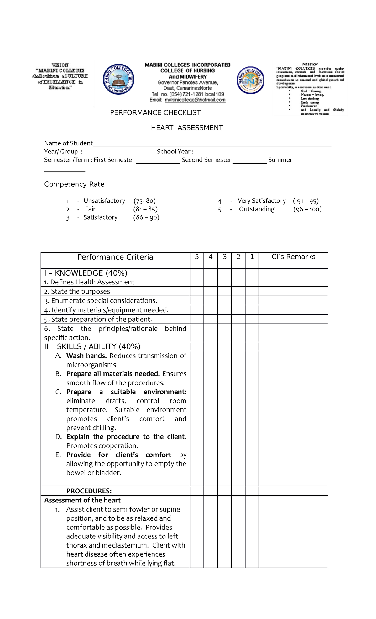 Heart NECK Assessment Checklist - PERFORMANCE CHECKLIST HEART ...