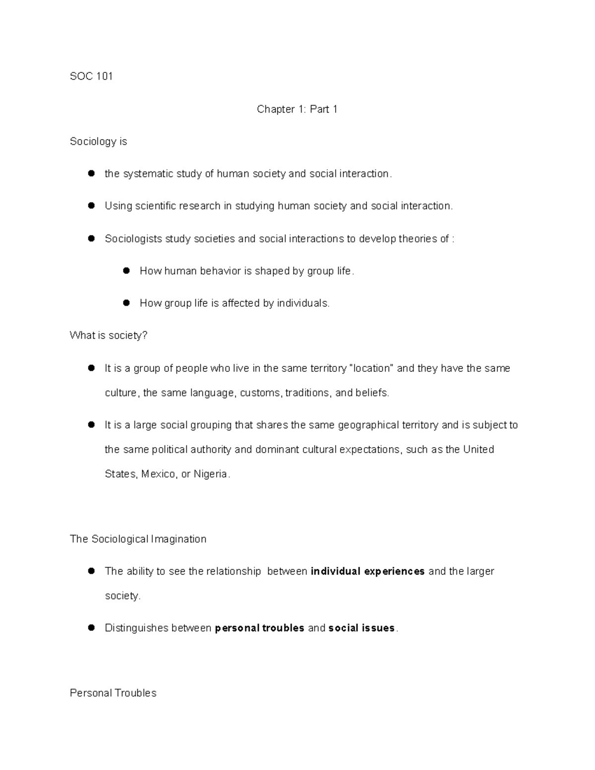 Chapter 1 Part 1 Lecture Notes - SOC 101 Chapter 1: Part 1 Sociology Is ...