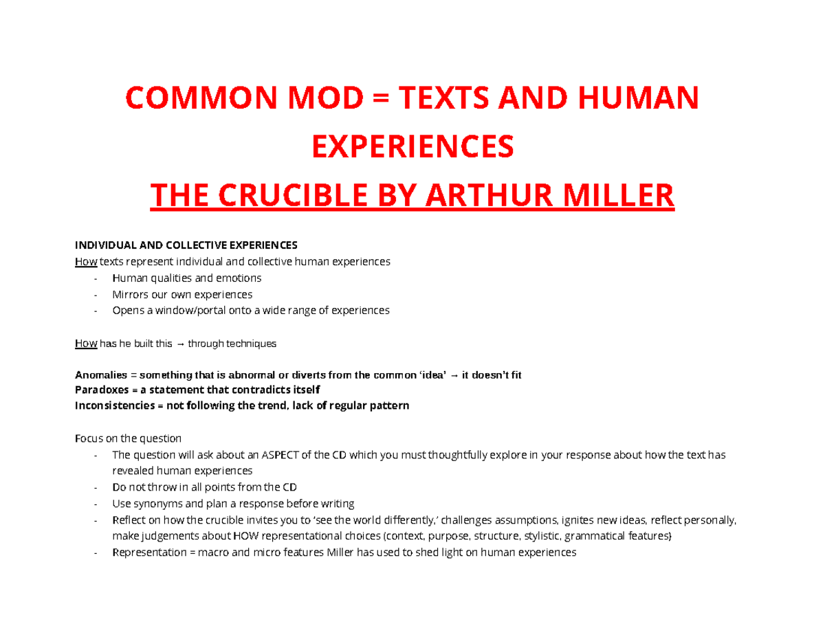 The Crucible Notes Quotes, techniques and analysis - COMMON MOD = TEXTS