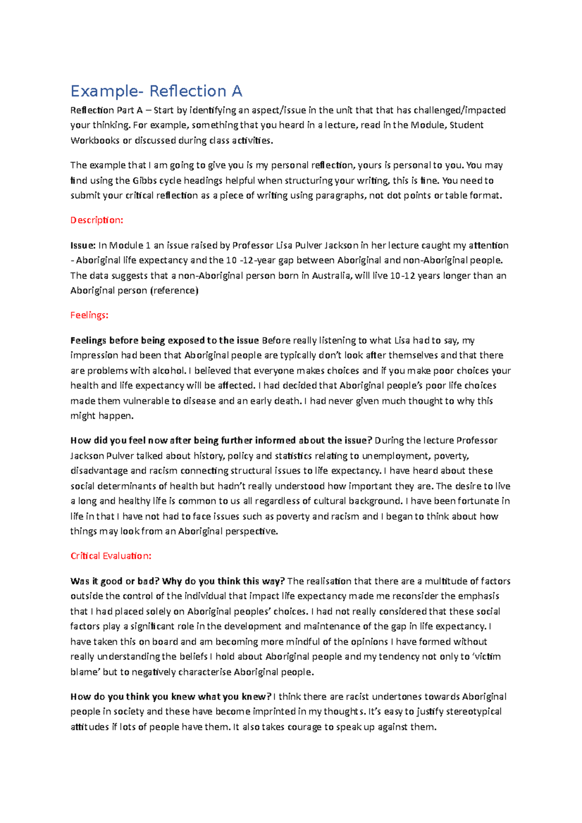 Example for Reflection A - Example- Reflection A Reflection Part A ...