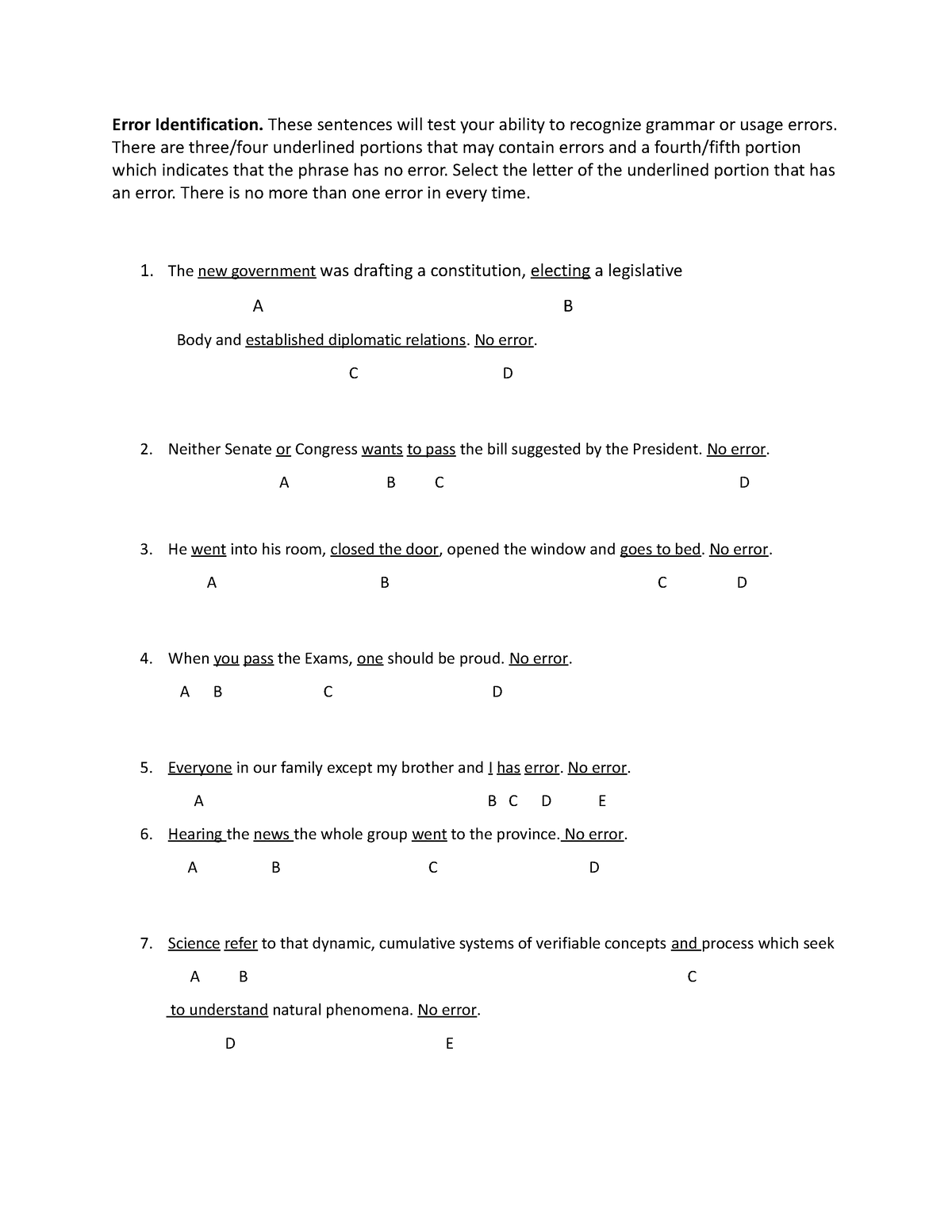 English Questions (PMA) - Error Identification. These sentences will ...