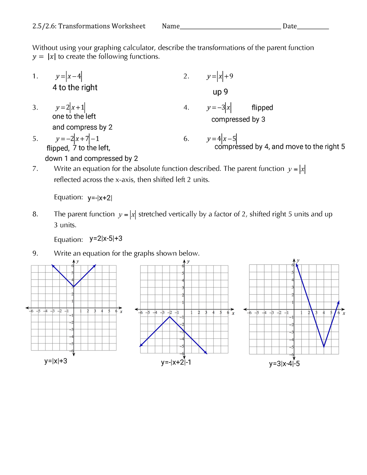 Absolute Value Transformations Worksheet Answer Key